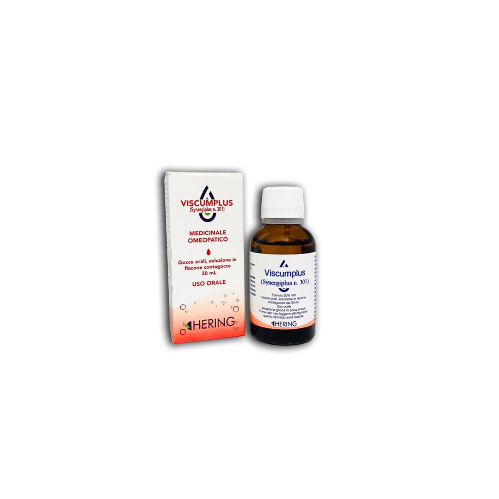 Flacone di vetro marrone con tappo bianco e scatola. Scritta: Viscumplus, Hering. Medicinali.