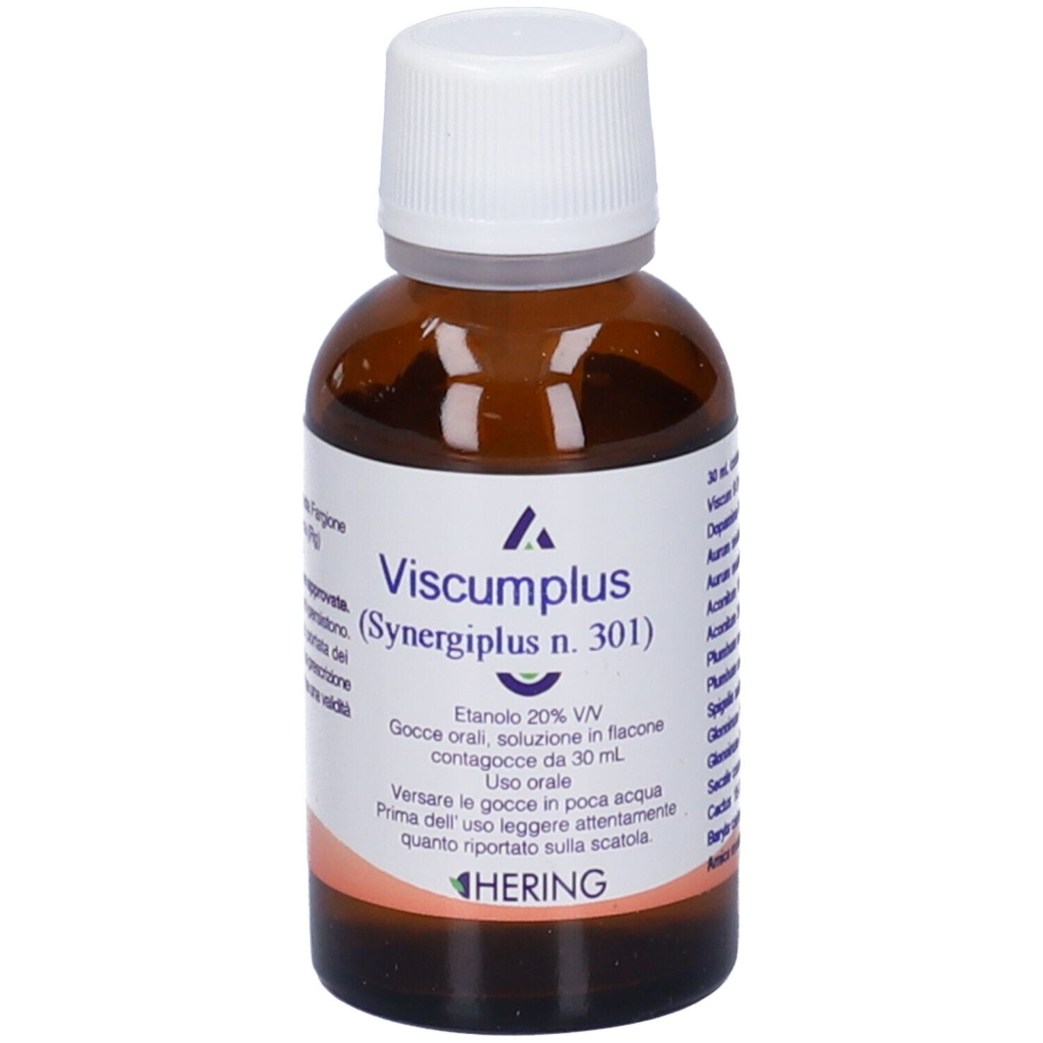 Flacone di vetro marrone con tappo bianco. Scritta: Viscumplus, Synergiplus n. 301, Hering. 30 ml.