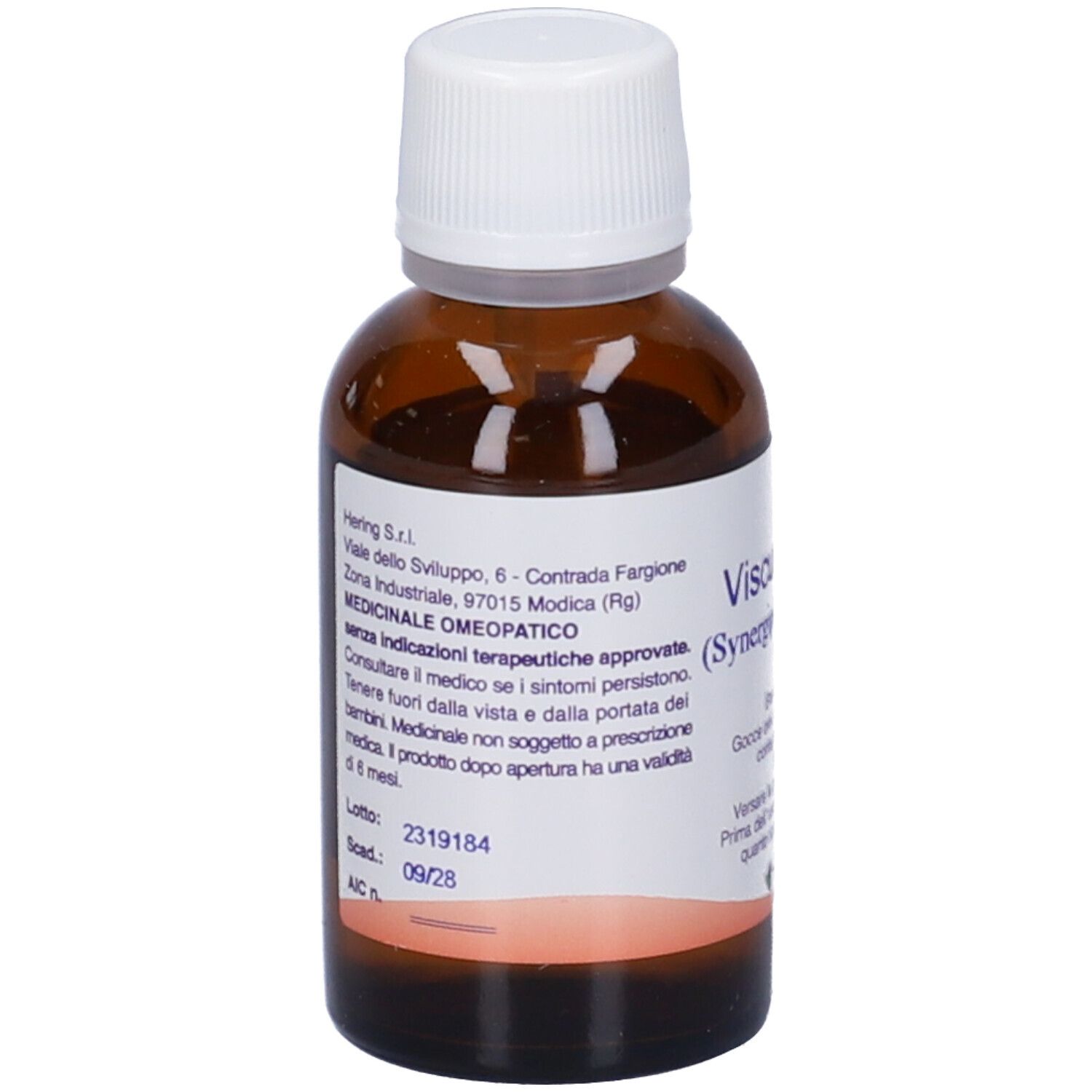 Flacone di vetro marrone con tappo bianco. Scritta: Viscumplus, Synergiplus n. 301, Hering. 30 ml.