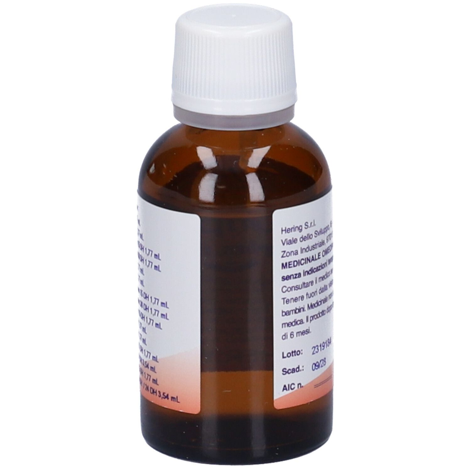 Flacone di vetro marrone con tappo bianco. Scritta: Viscumplus, Synergiplus n. 301, Hering. 30 ml.