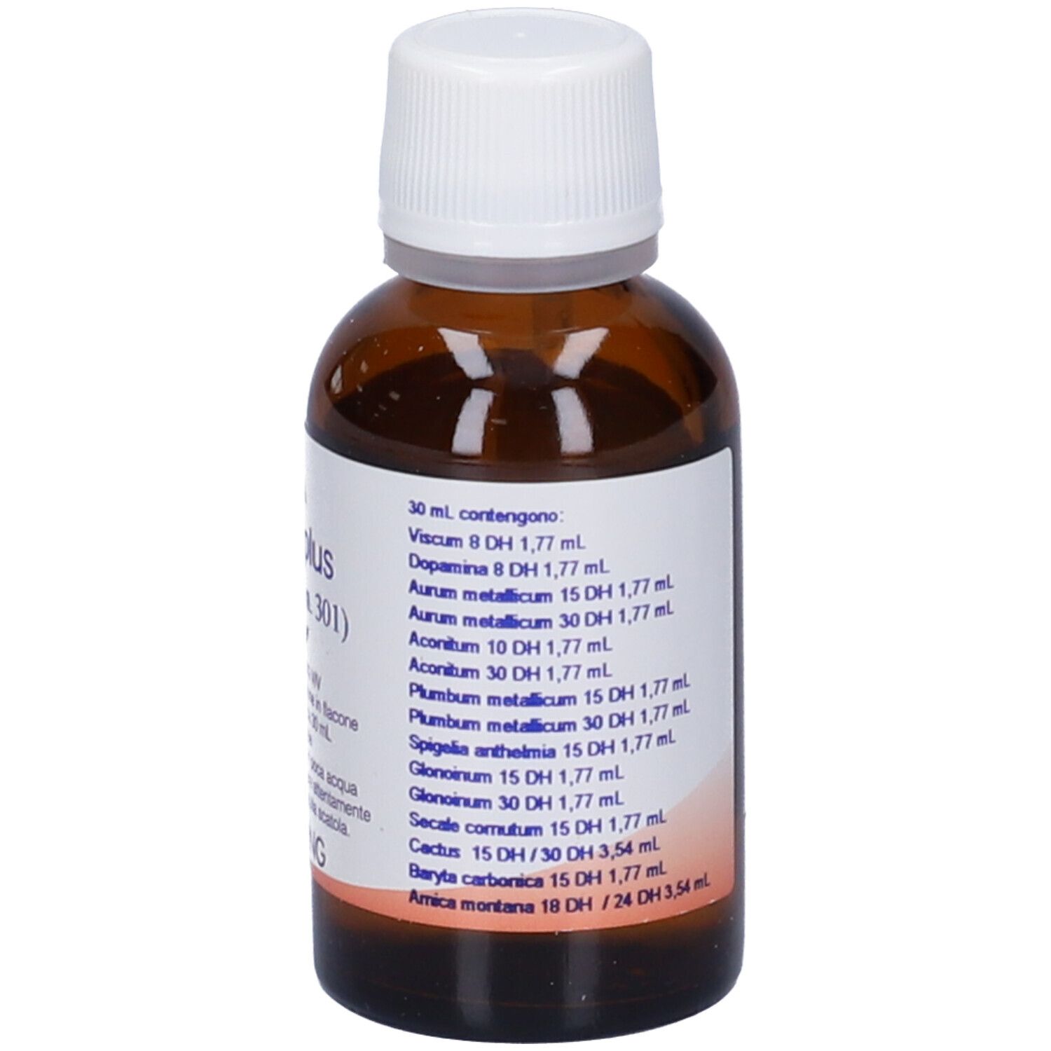 Flacone di vetro marrone con tappo bianco. Scritta: Viscumplus, Synergiplus n. 301, Hering. 30 ml.
