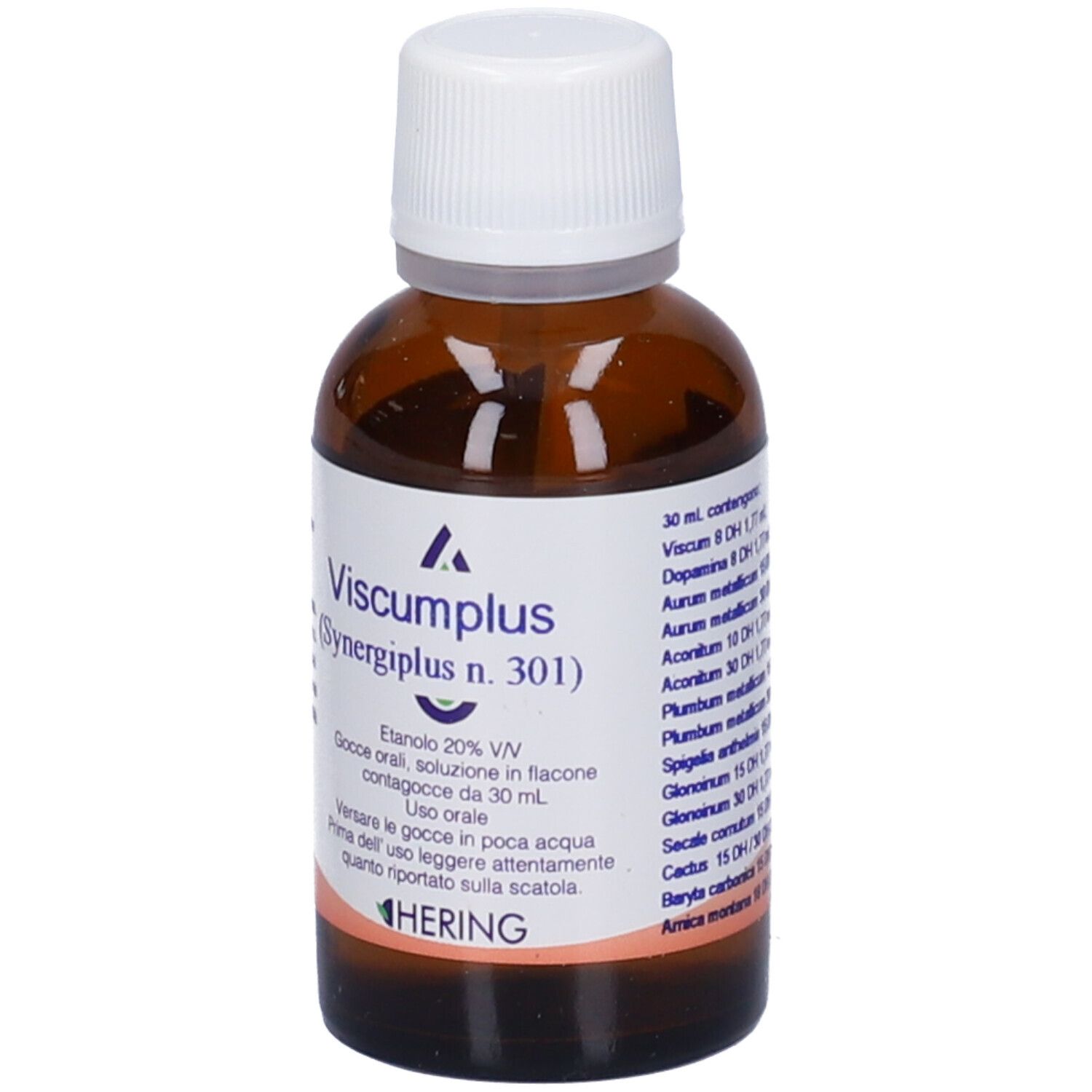 Flacone di vetro marrone con tappo bianco. Scritta: Viscumplus, Synergiplus n. 301, Hering. 30 ml.