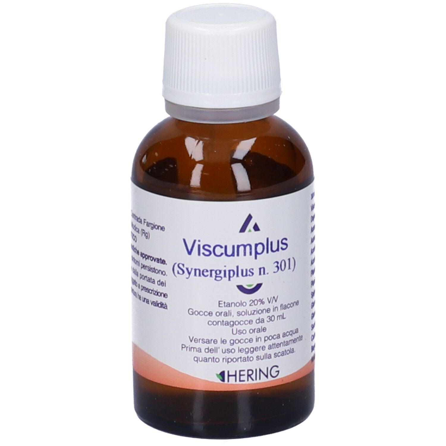 Flacone di vetro marrone con tappo bianco. Scritta: Viscumplus, Synergiplus n. 301, Hering. 30 ml.