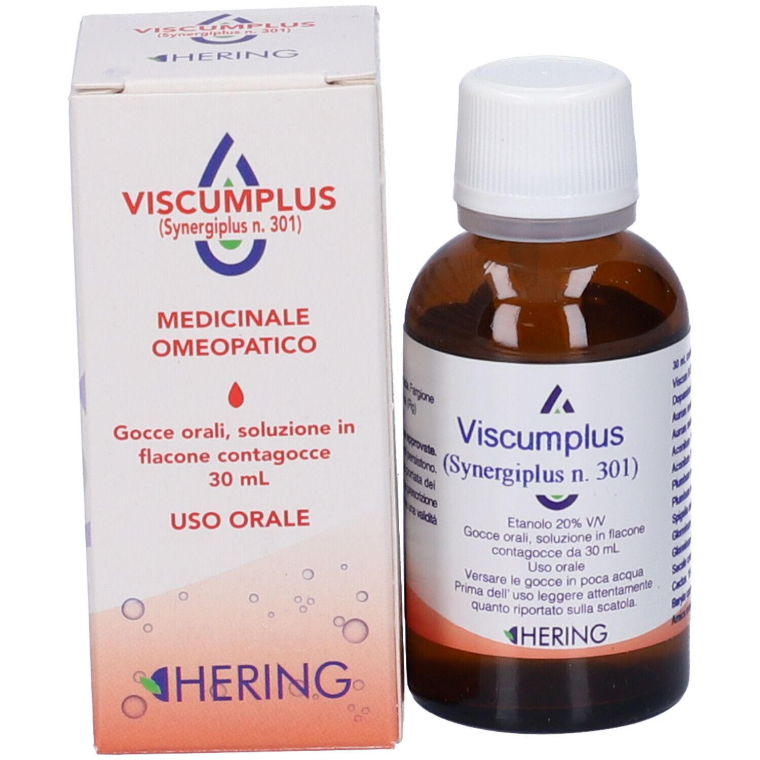 Flacone di vetro marrone e scatola. Scritta: Viscumplus, Synergiplus n. 301, Hering. Medicinali.