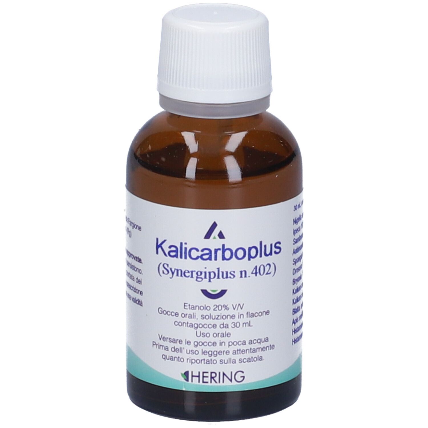 Flacone di vetro marrone con tappo bianco. Scritto: Kalicarboplus (Synergipus n.402), Hering.