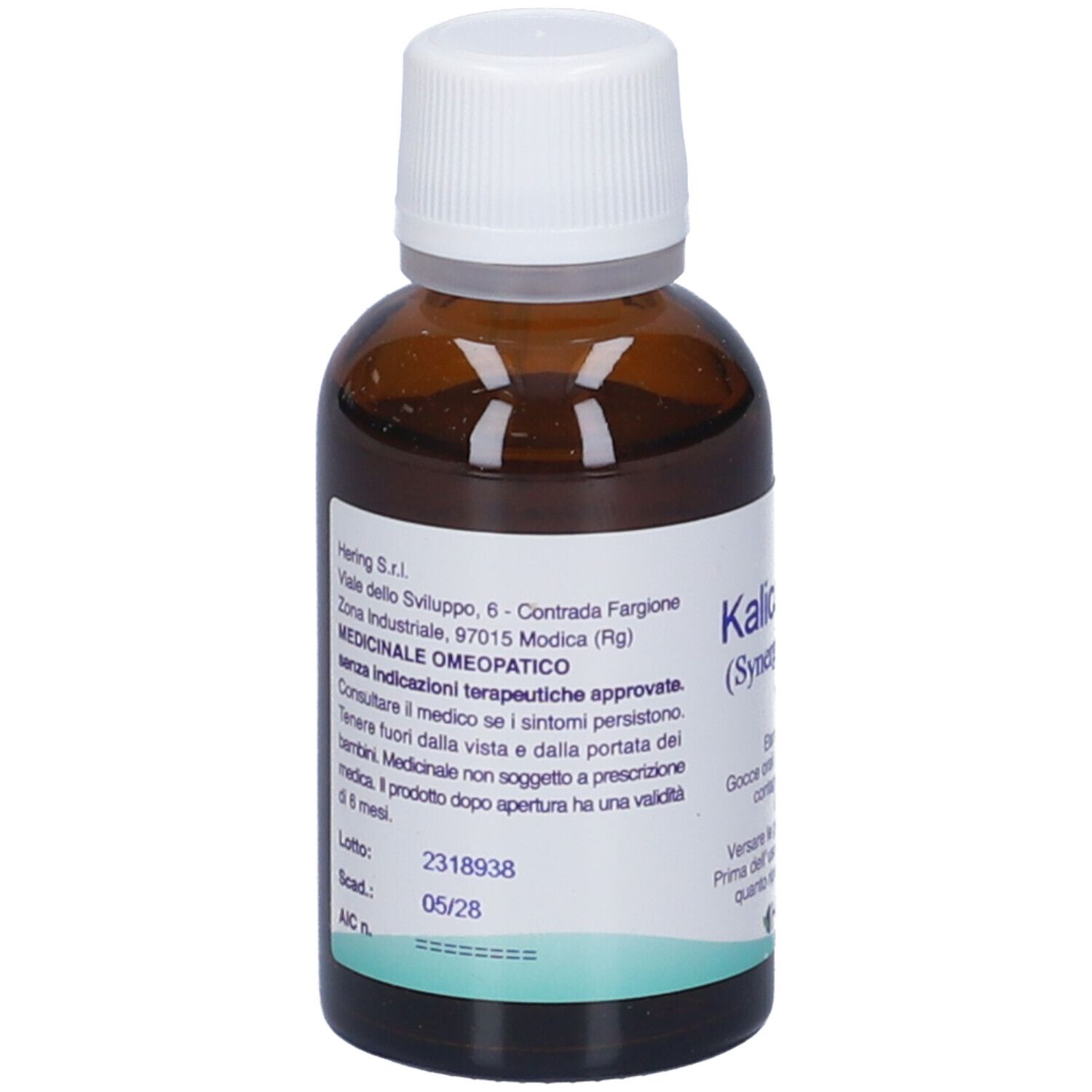 Flacone di vetro marrone con tappo bianco. Scritto: Kalicarboplus (Synergipus n.402), Hering.