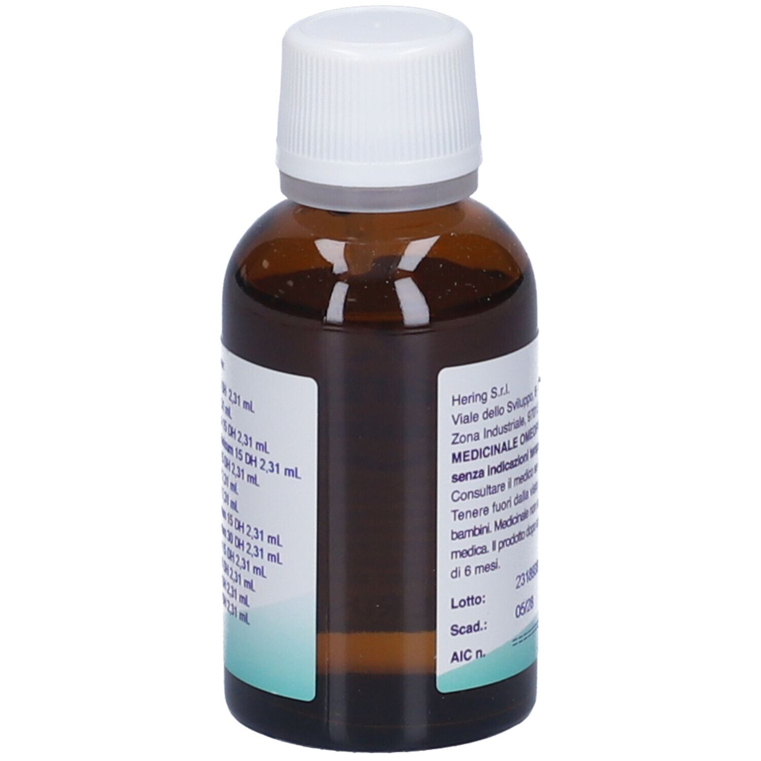 Flacone di vetro marrone con tappo bianco. Scritto: Kalicarboplus (Synergipus n.402), Hering.