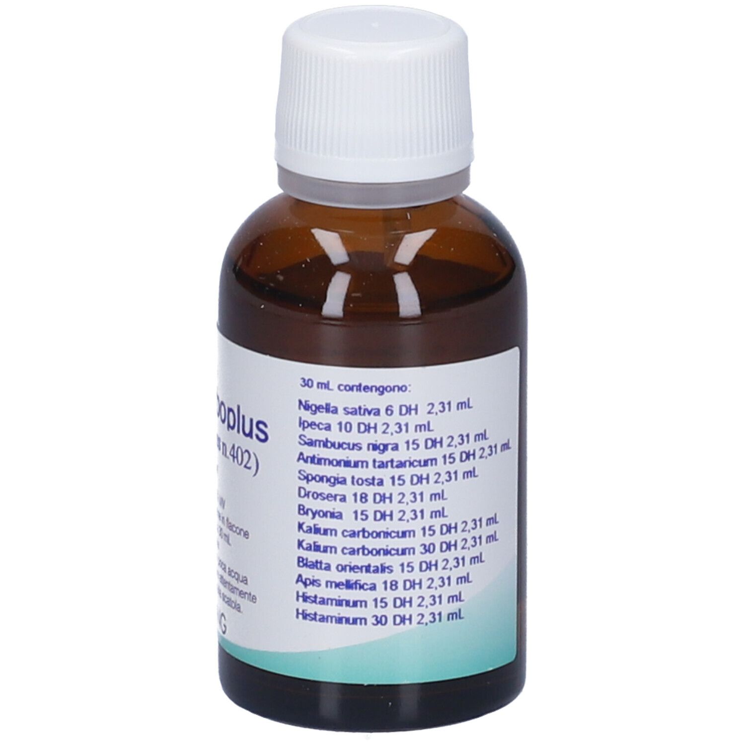 Flacone di vetro marrone con tappo bianco. Scritto: Kalicarboplus (Synergipus n.402), Hering.