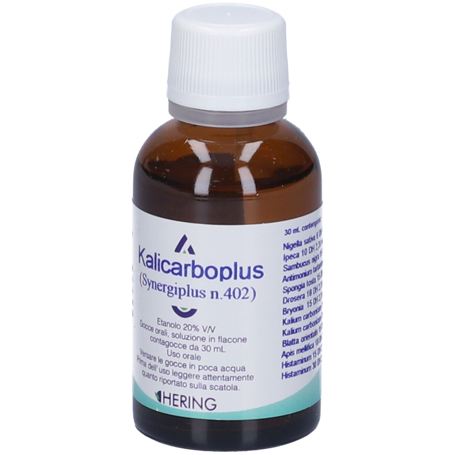 Flacone di vetro marrone con tappo bianco. Scritto: Kalicarboplus (Synergipus n.402), Hering.