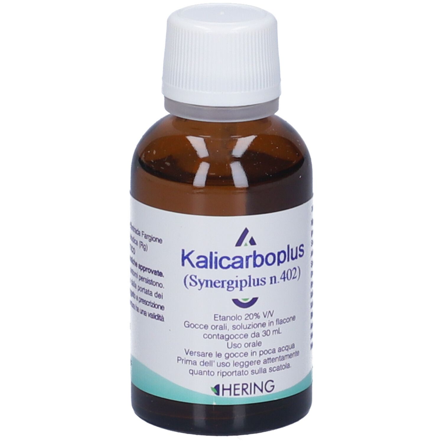 Flacone di vetro marrone con tappo bianco. Scritto: Kalicarboplus (Synergipus n.402), Hering.