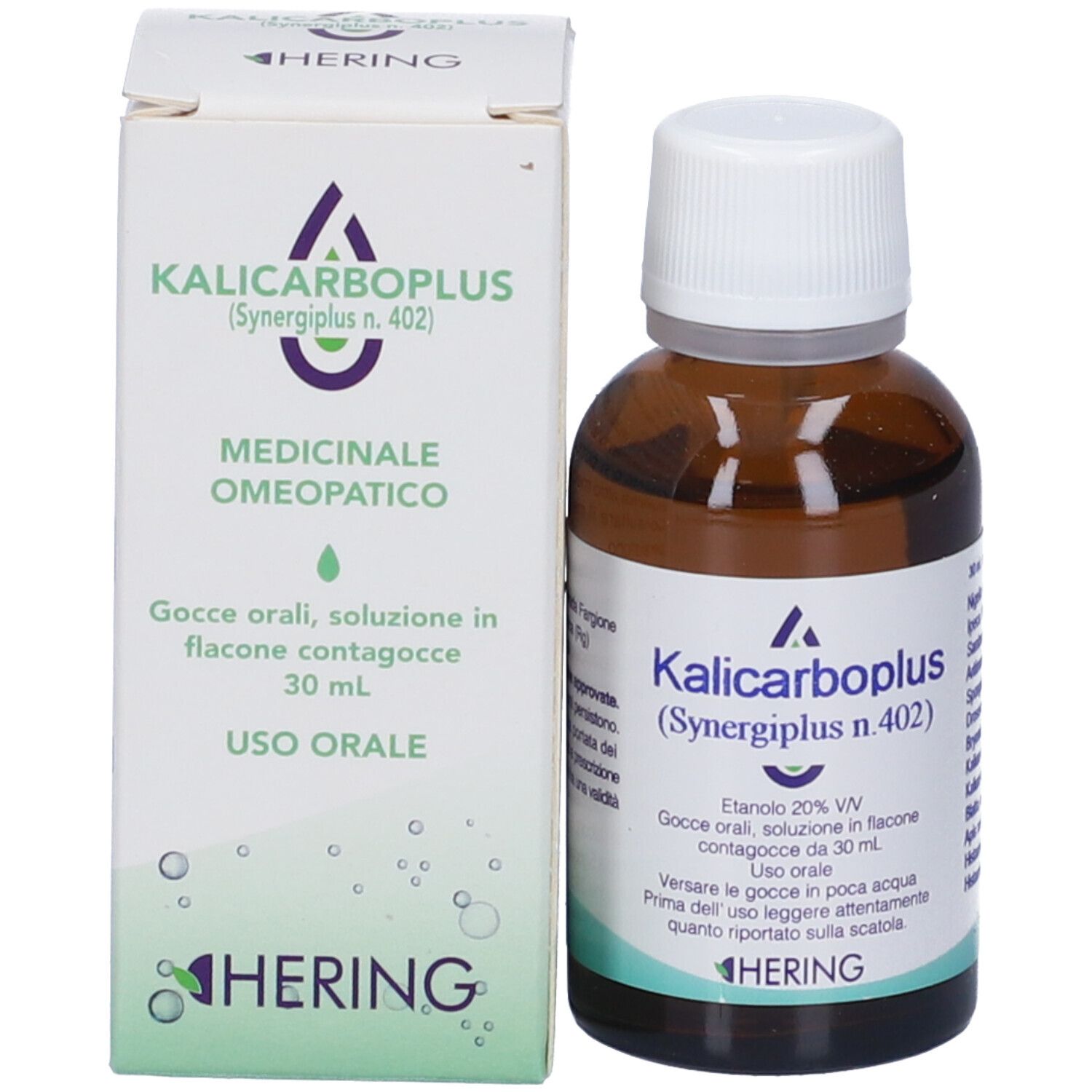 Flacone e scatola del prodotto. Scritto: Kalicarboplus (Synergipus n.402), Hering.