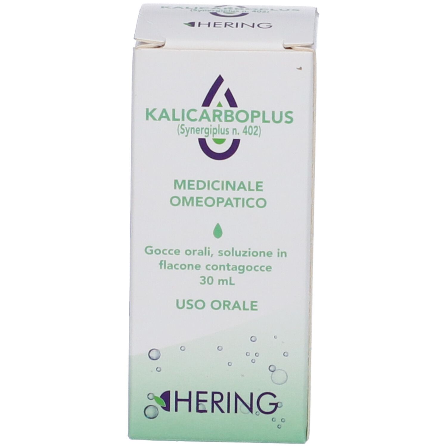 Confezione del prodotto. Scritto: Kalicarboplus (Synergipus n.402), Hering.