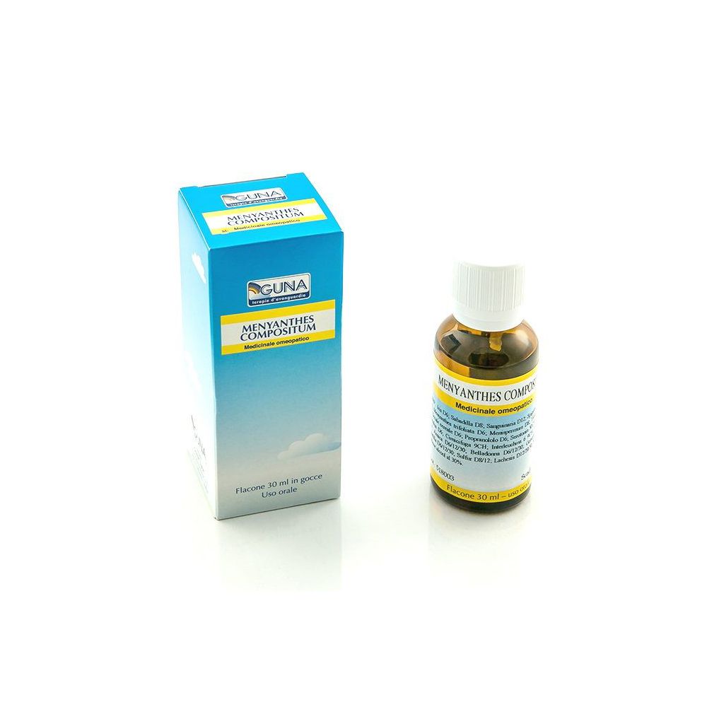 Flacone di vetro marrone con tappo bianco e confezione blu. Scritta: Guna Menyanthes Compositum.