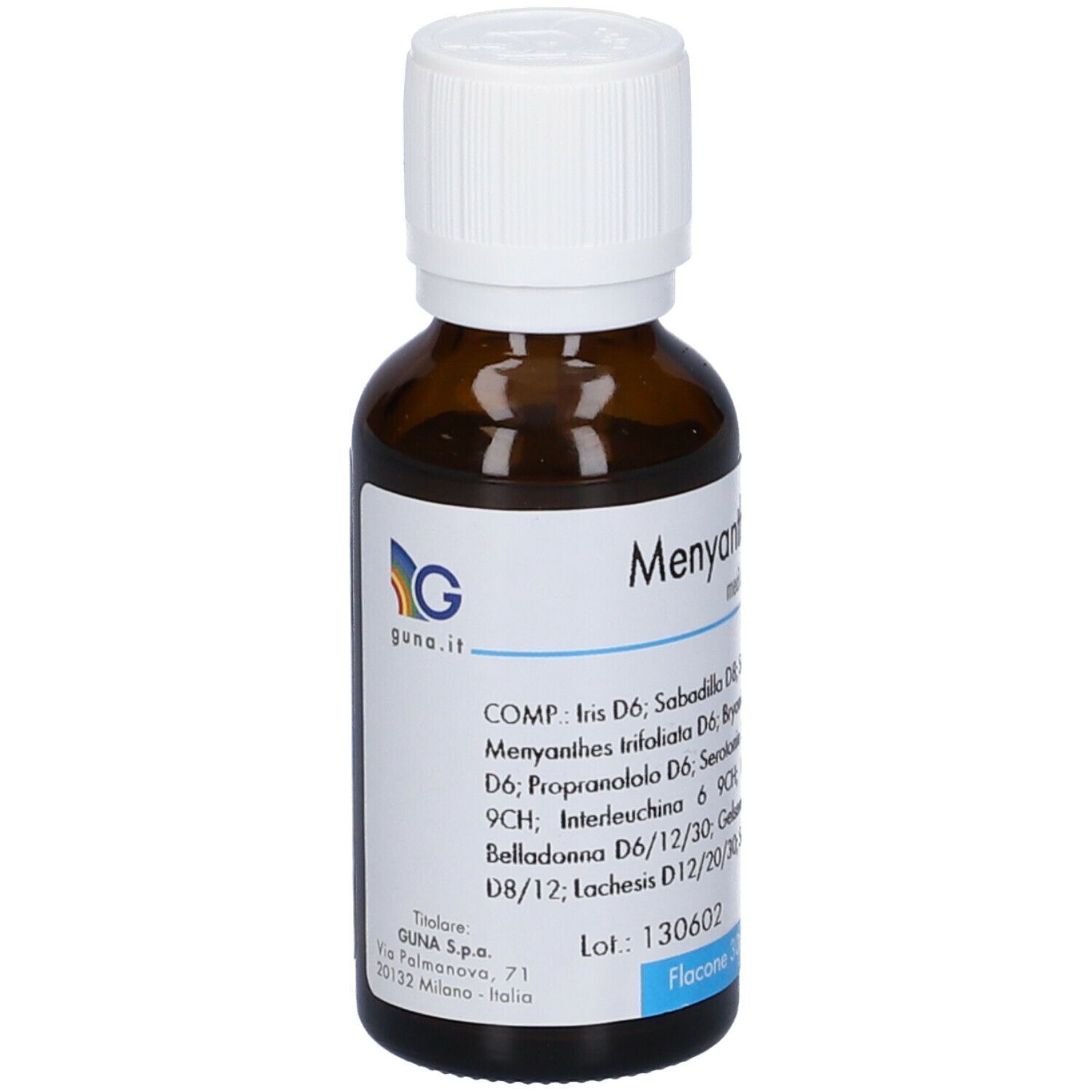 Flacone di vetro marrone con tappo bianco. Scritta: Menyanthes Compositum. Etichetta con ingredienti e produttore.