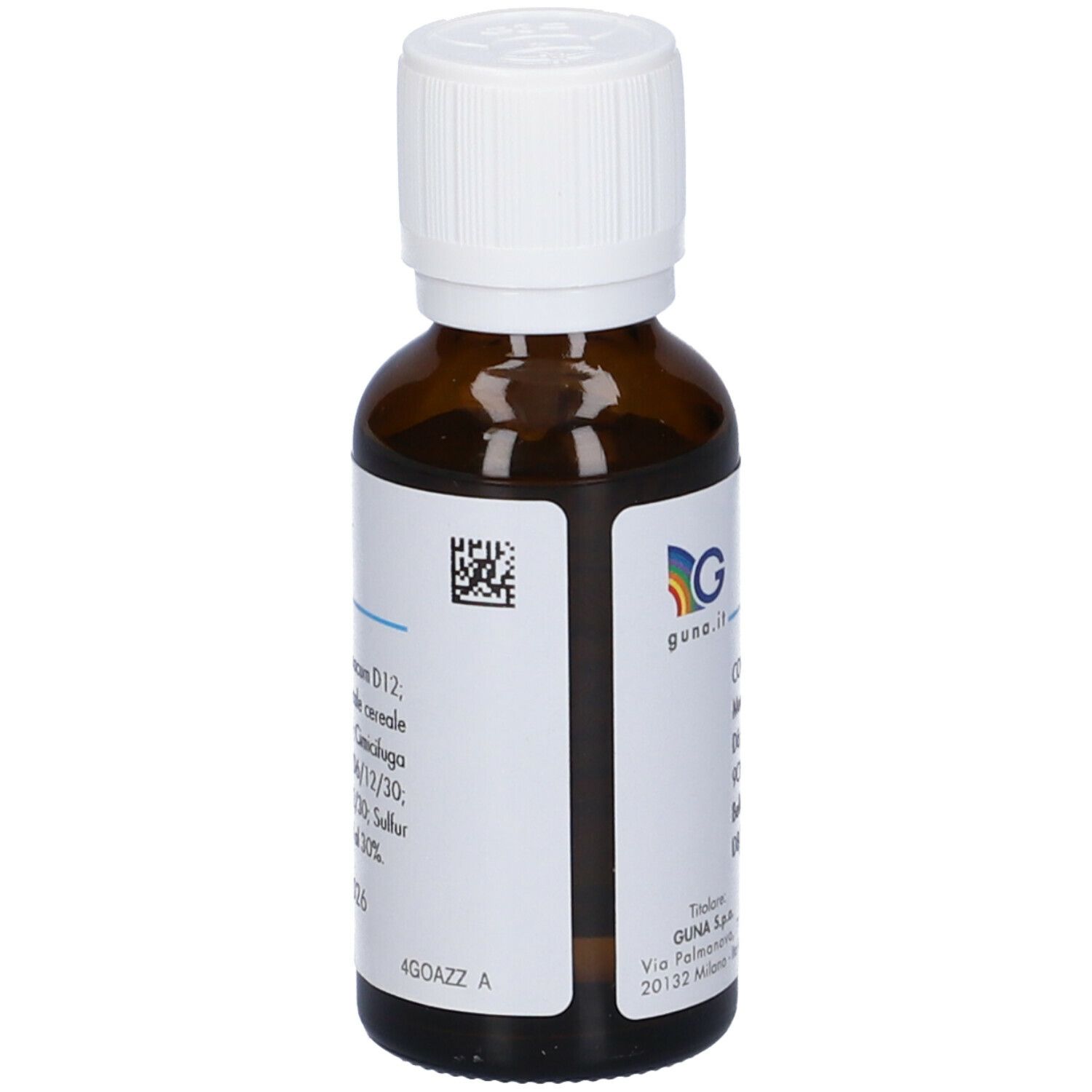 Flacone di vetro marrone con tappo bianco. Etichetta con ingredienti, informazioni produttore e codice QR.