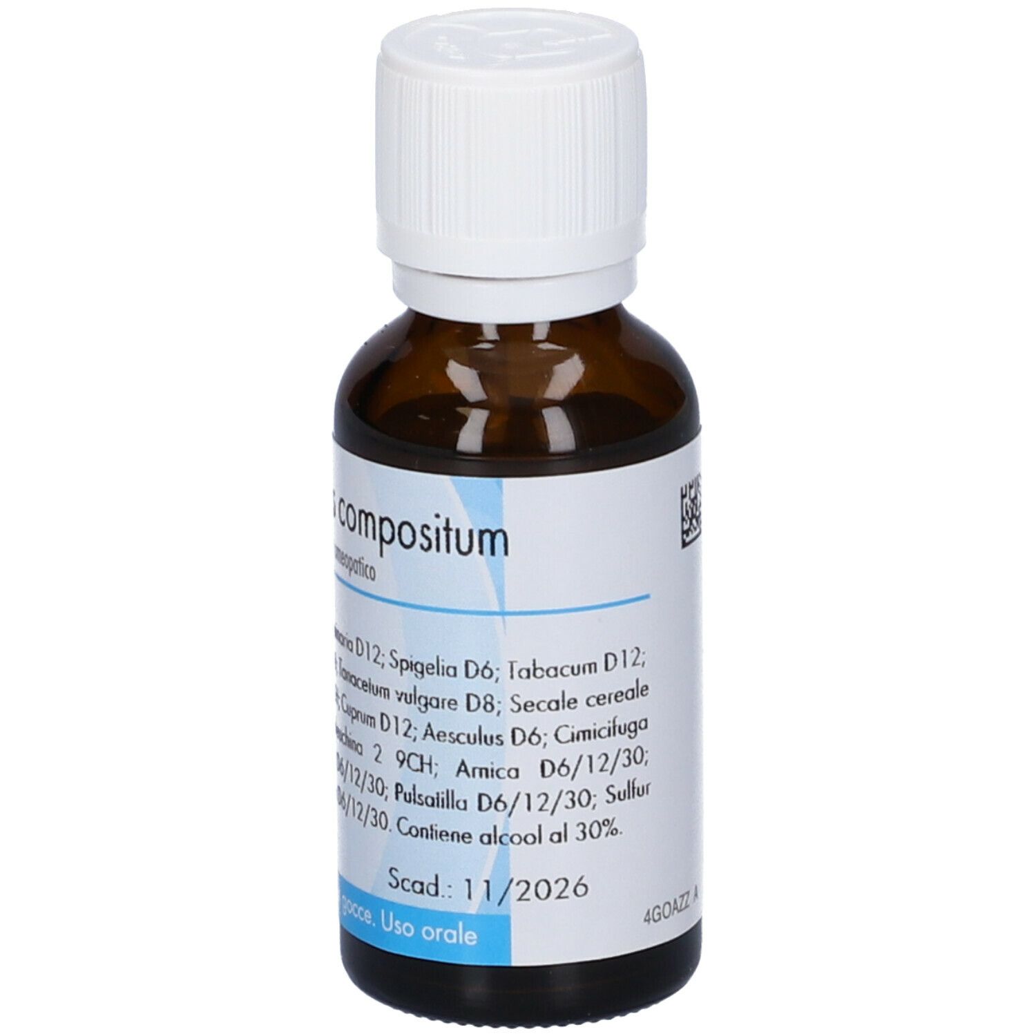 Flacone di vetro marrone con tappo bianco. Etichetta con ingredienti e data di scadenza. Scritta: Menyanthes compositum.