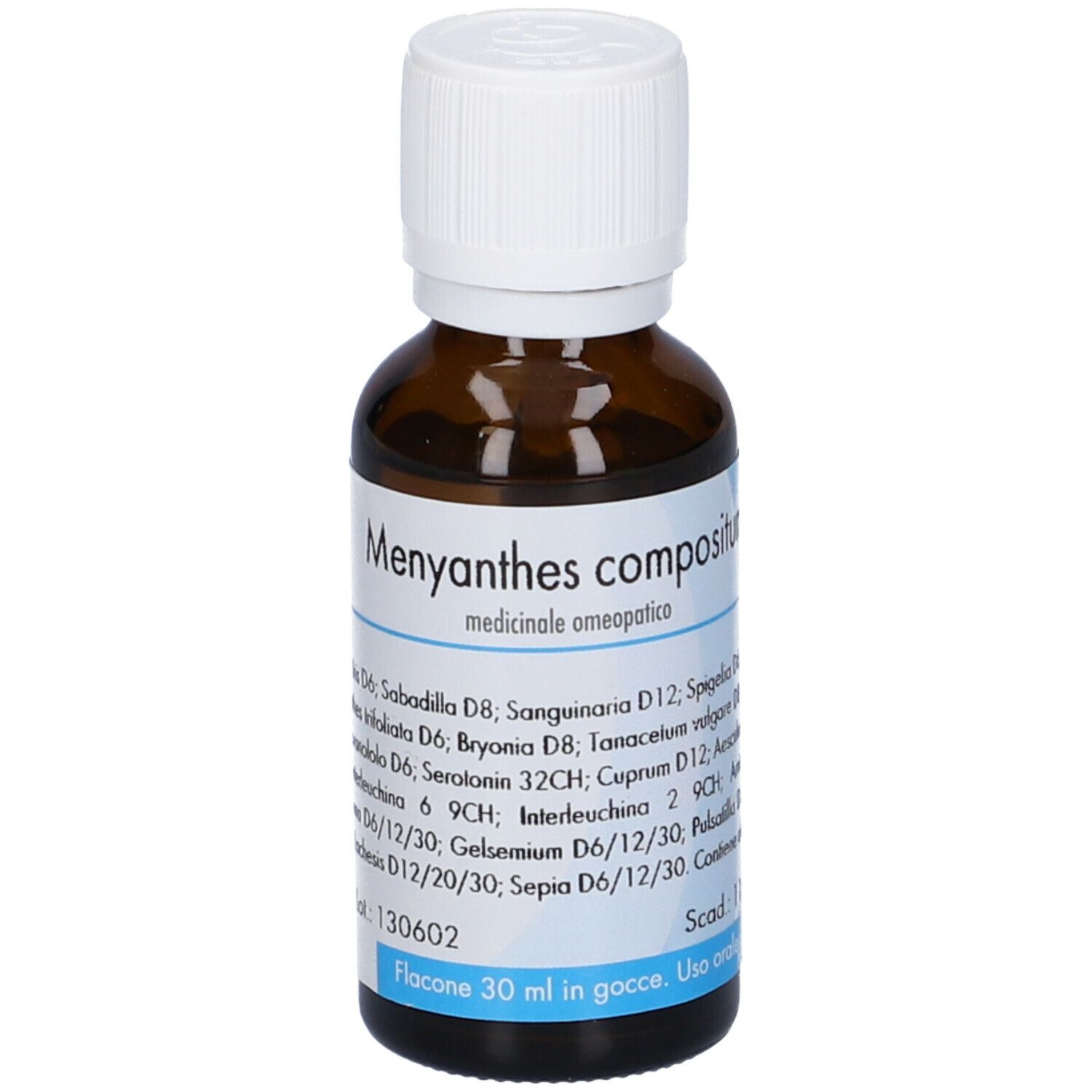 Flacone di vetro marrone con tappo bianco. Scritta: Menyanthes compositum. Etichetta con ingredienti e dosaggio.