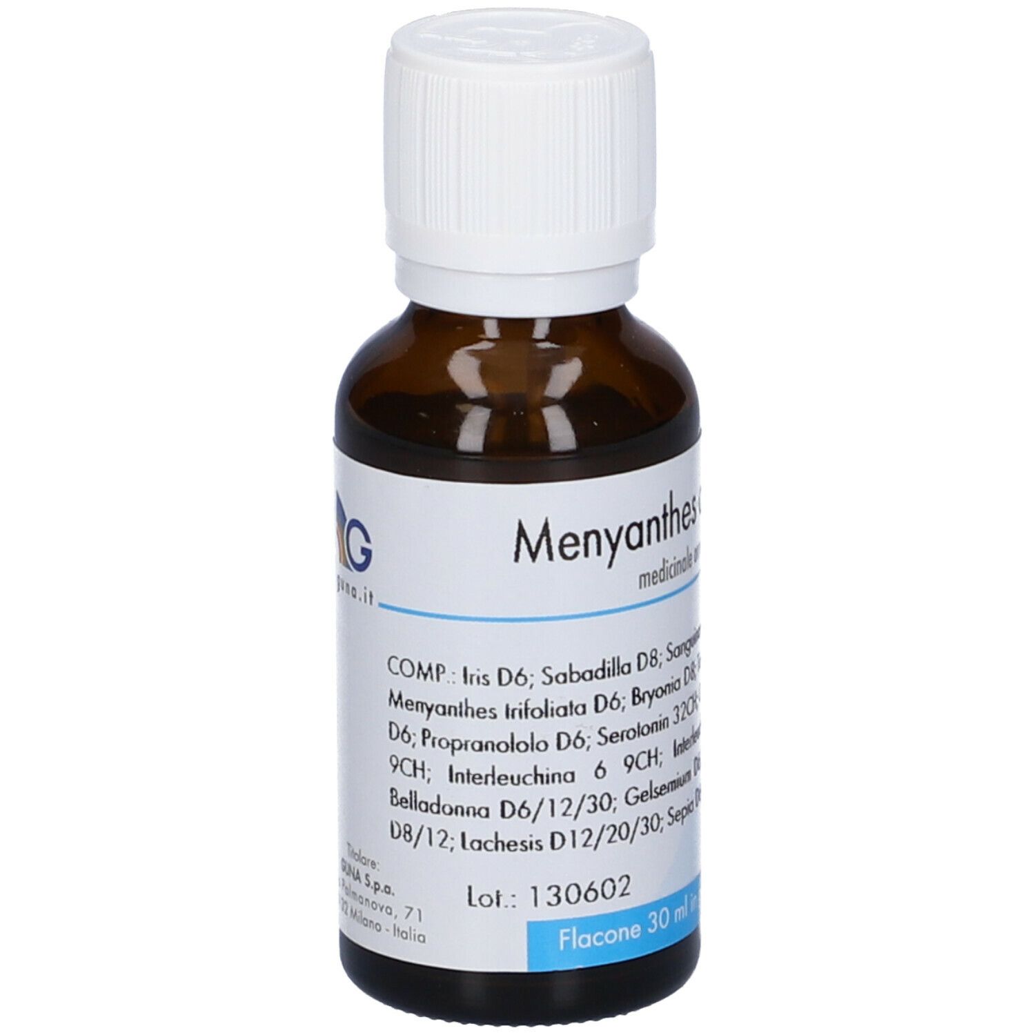 Flacone di vetro marrone con tappo bianco. Scritta: Menyanthes compositum. Etichetta con ingredienti e dosaggio.