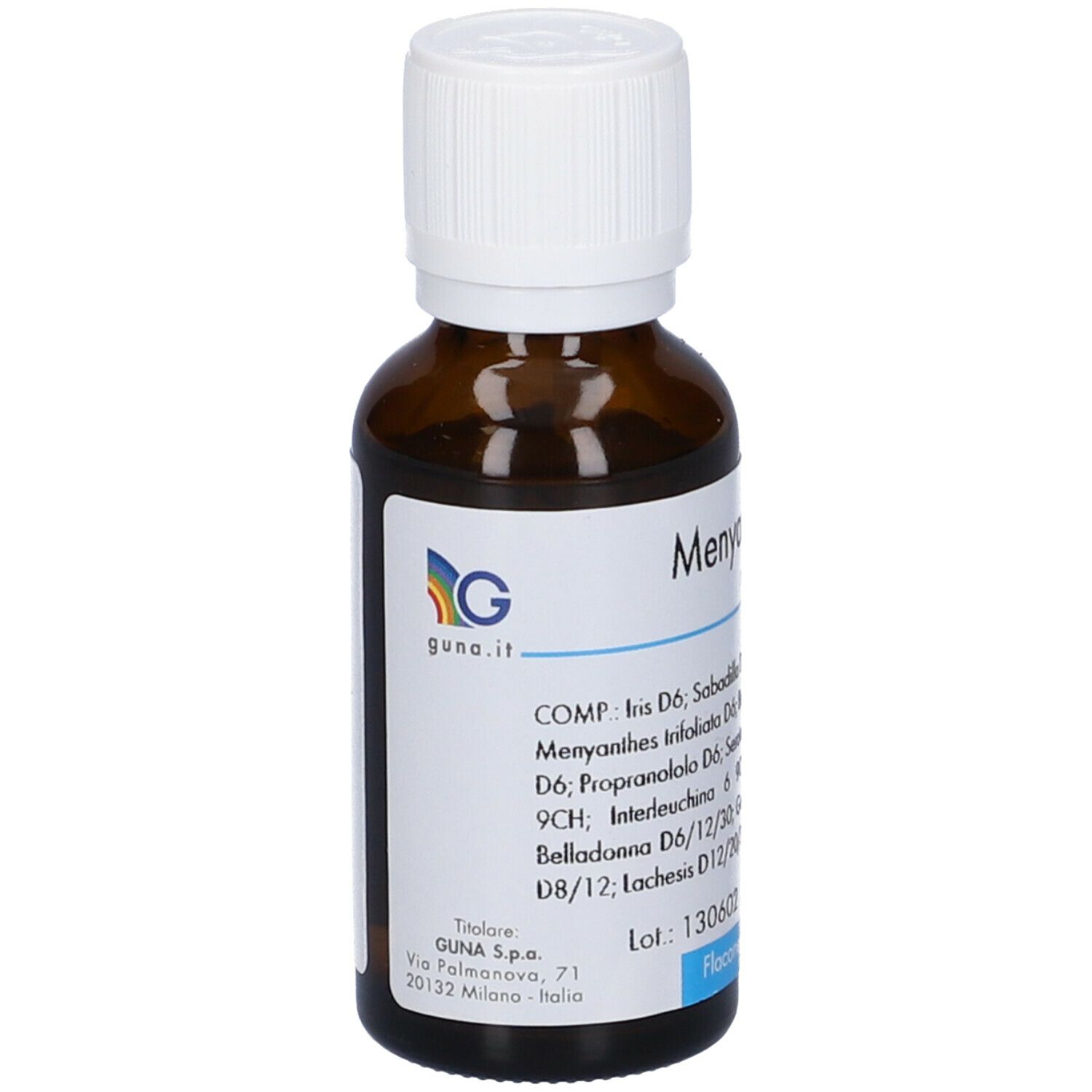 Flacone di vetro marrone con tappo bianco. Scritta: Menyanthes compositum. Etichetta con ingredienti e produttore.