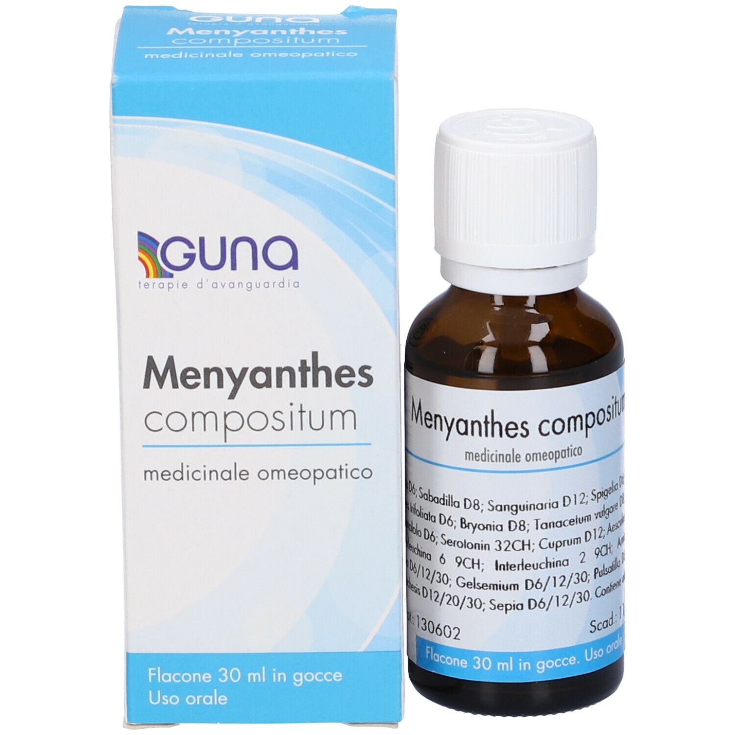 Flacone di vetro marrone con tappo bianco e confezione blu. Scritta: Menyanthes compositum. Logo Guna.