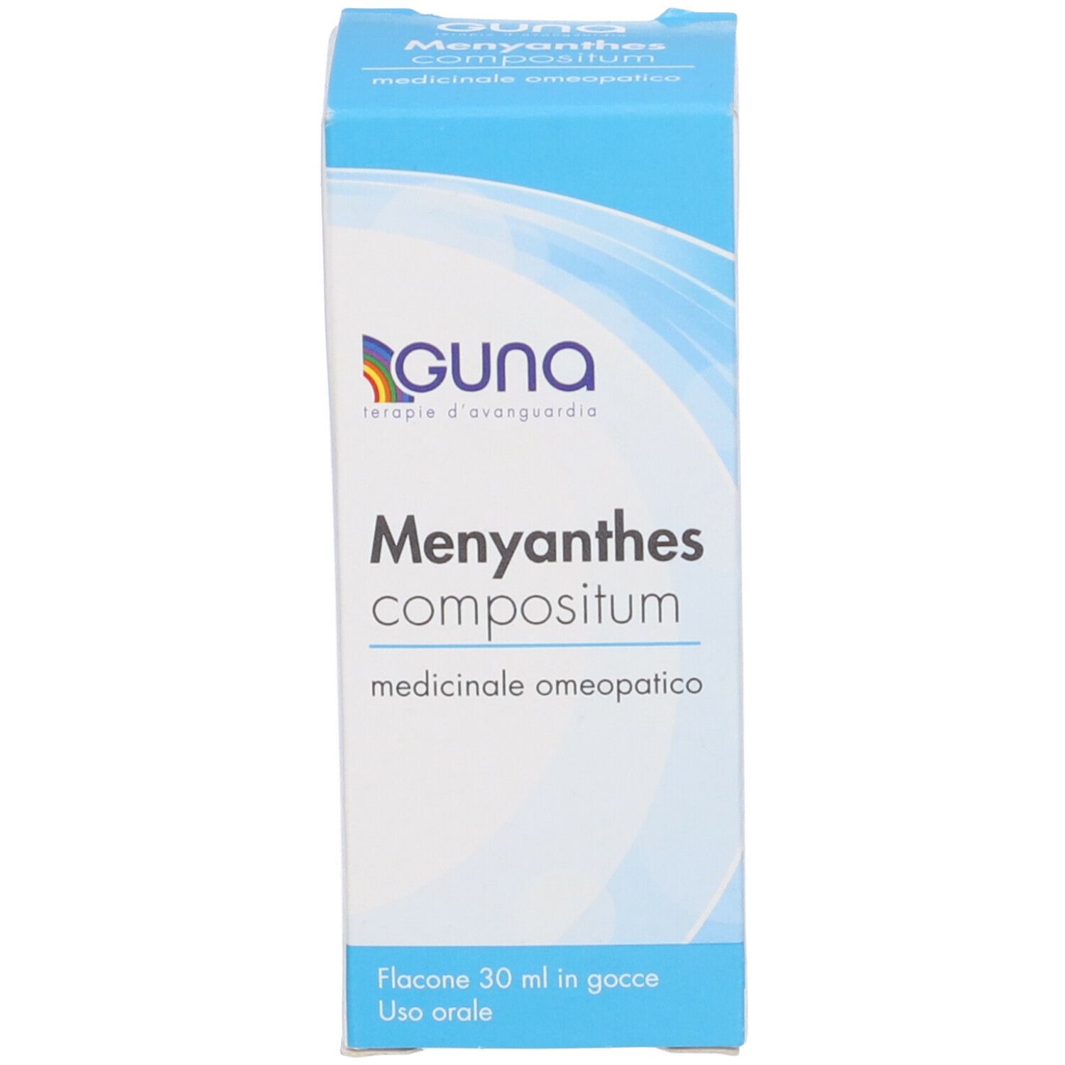 Confezione blu con scritta: Menyanthes compositum. Logo Guna. Flacone da 30 ml in gocce.