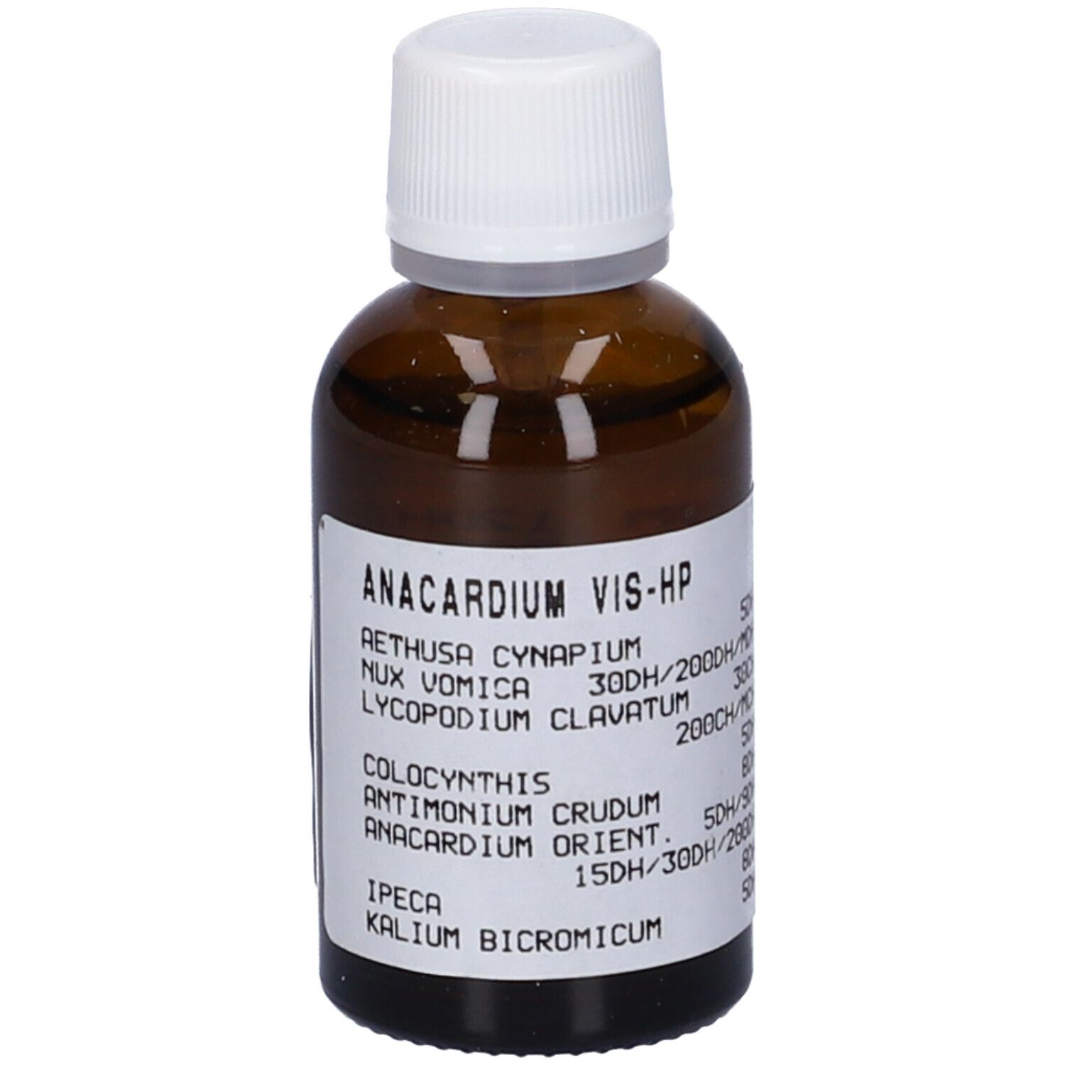 Flacone di vetro marrone con tappo bianco. Etichetta con nome del prodotto e ingredienti. Liquido.