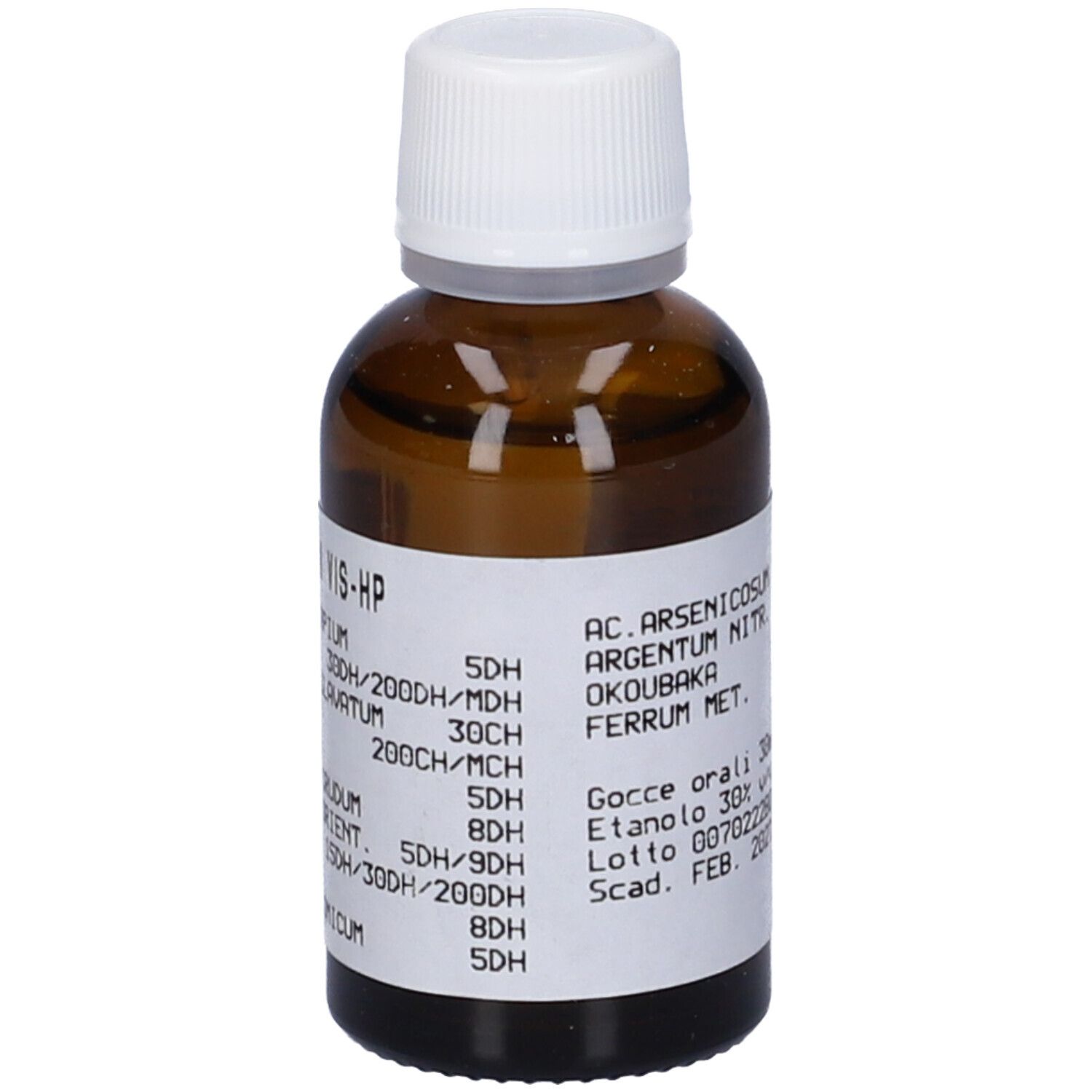 Flacone di vetro marrone con tappo bianco. Etichetta con nome del prodotto e ingredienti. Liquido.
