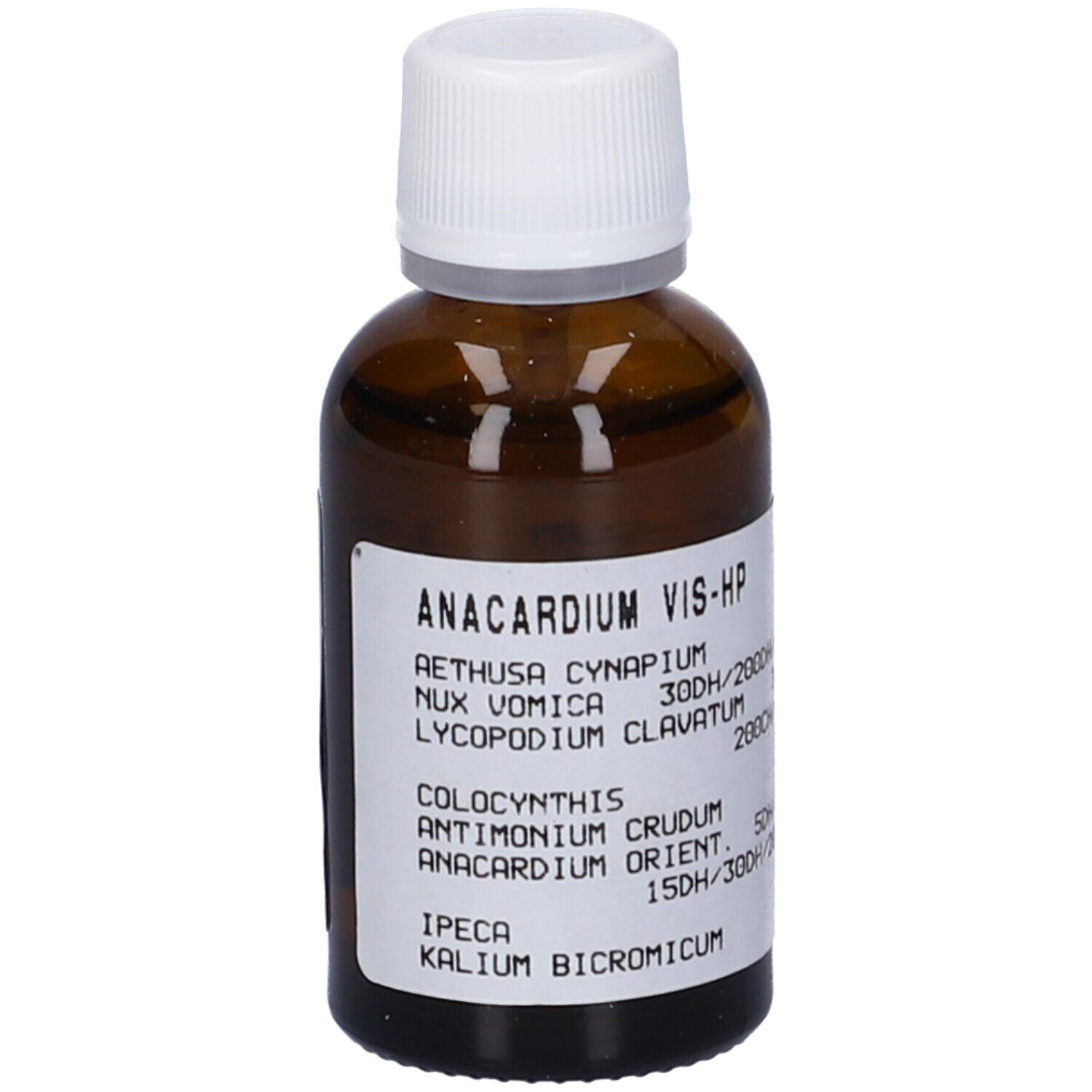 Flacone di vetro marrone con tappo bianco. Etichetta con nome del prodotto e ingredienti. Liquido.