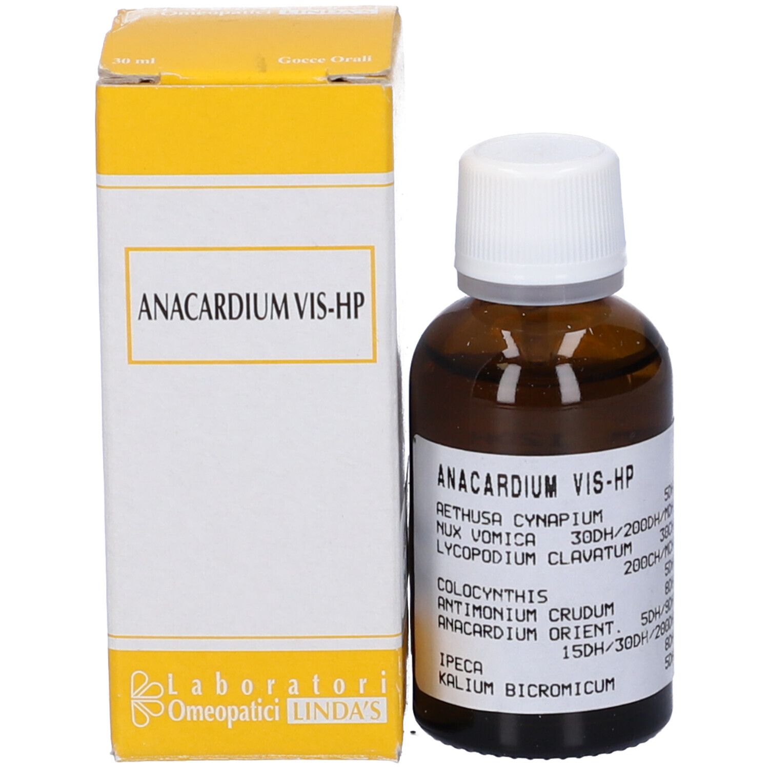 Flacone di vetro marrone con tappo bianco e confezione gialla. Nome del prodotto e ingredienti sull'etichetta.