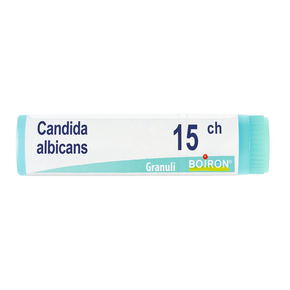 Confezione cilindrica con scritta 'Candida albicans 15 ch Granuli BOIRON'.