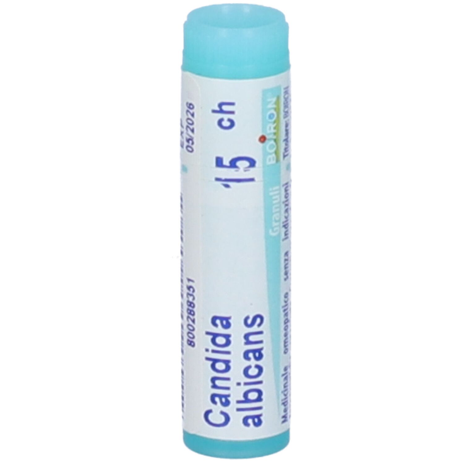 Tubo cilindrico con 'Candida albicans 15 ch' e 'BOIRON'. Scadenza 05/2026.
