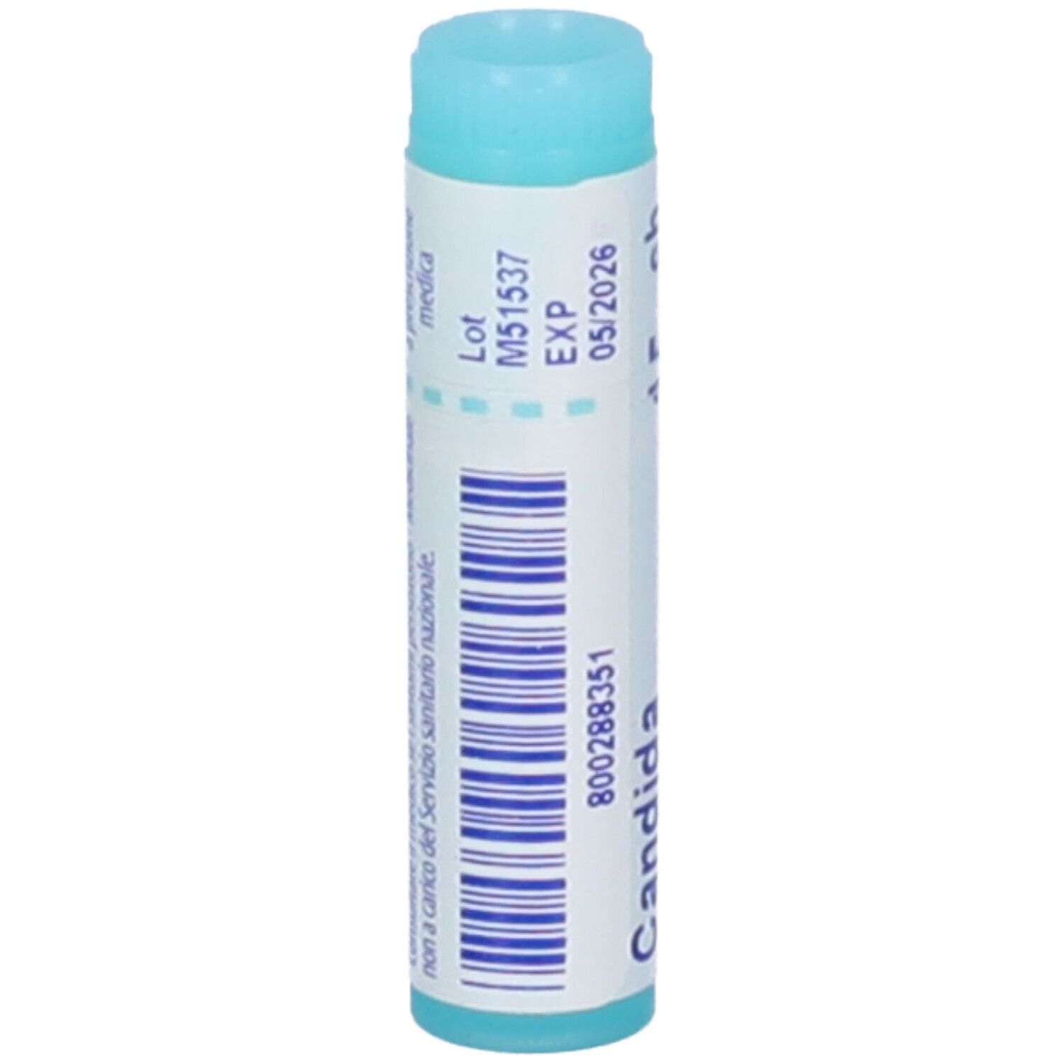 Tubo cilindrico con codice a barre e scritta 'Candida'. Dettagli: Lot M51537, EXP 05/2026.