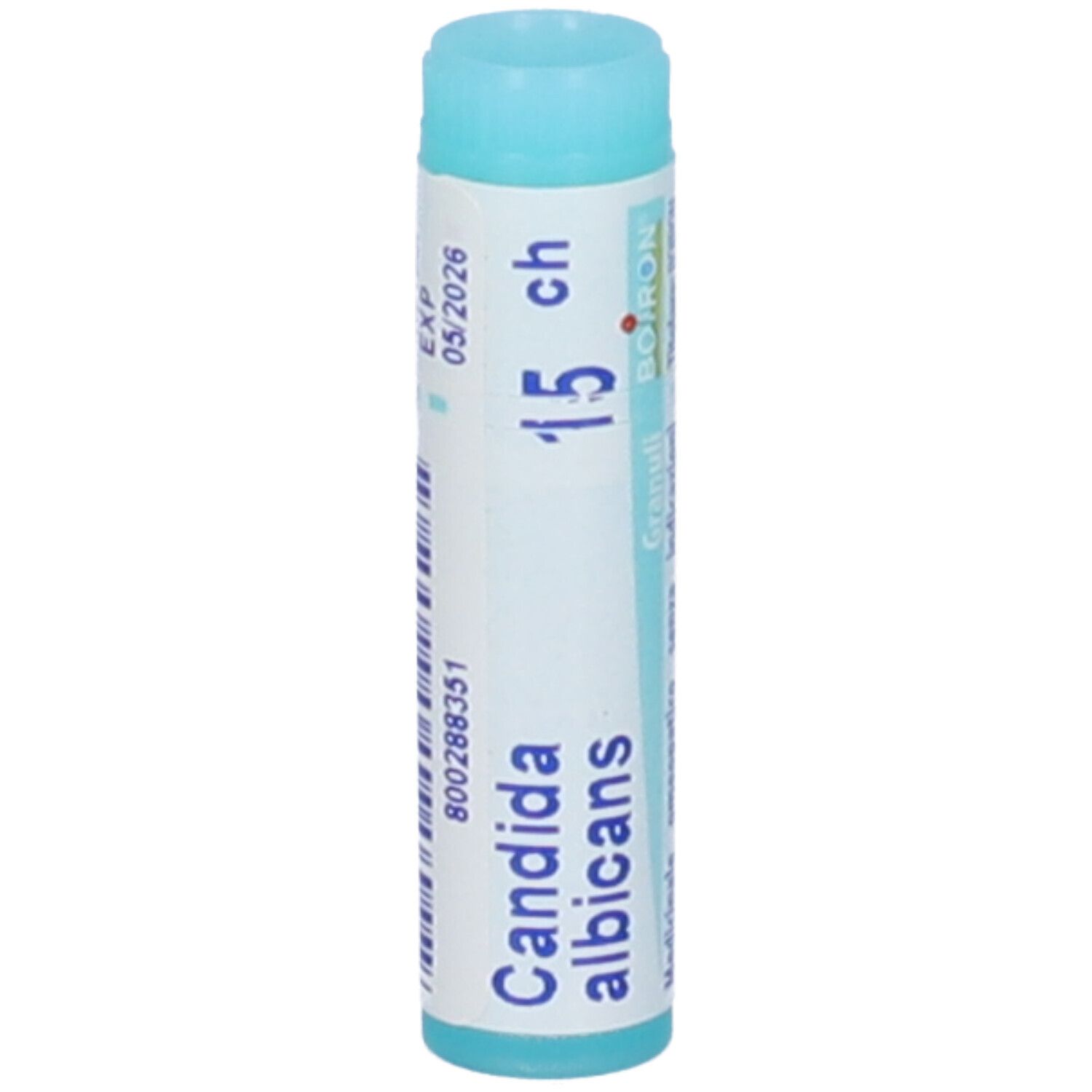 Tubo cilindrico con 'Candida albicans 15 ch' e 'BOIRON'. Scadenza 05/2026.
