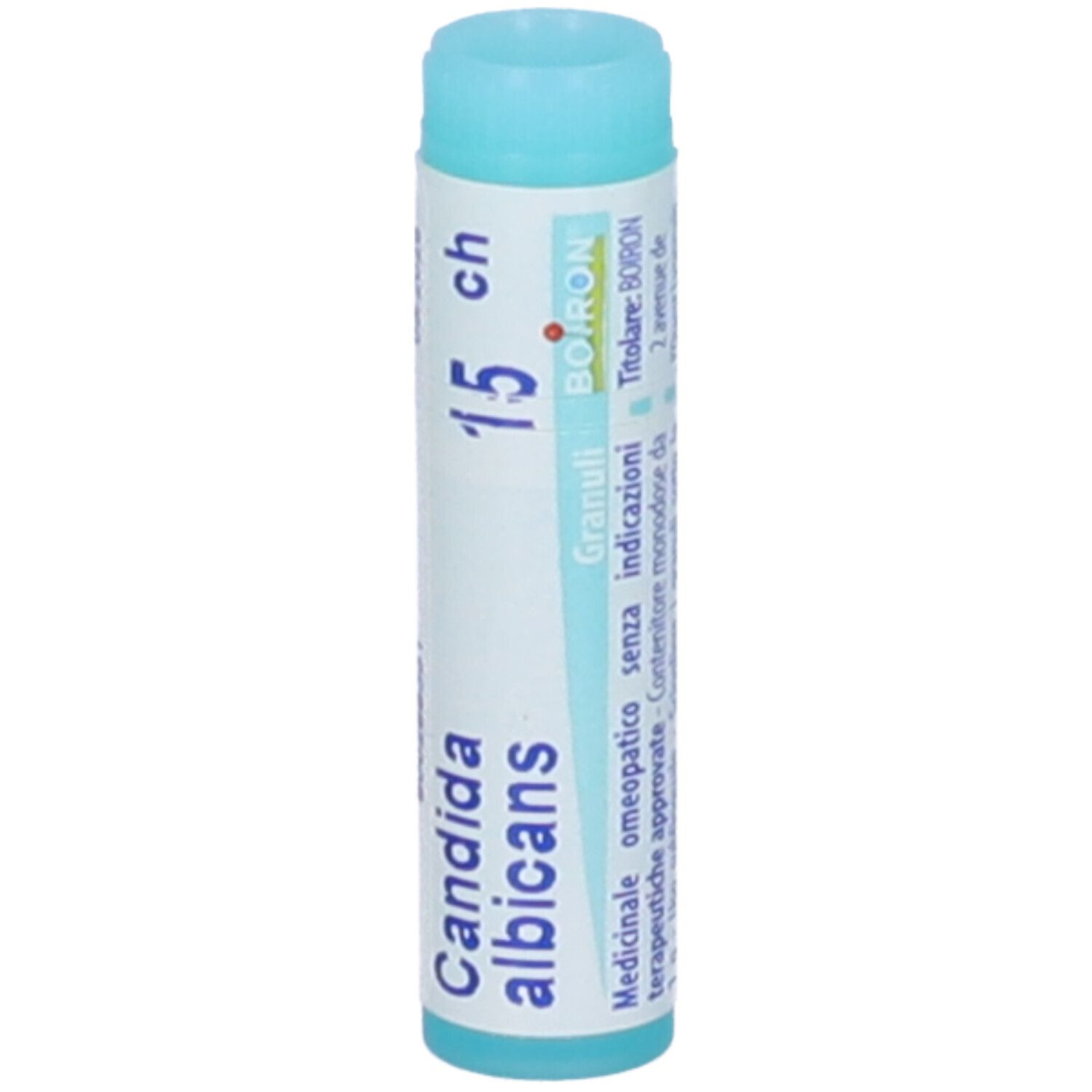 Tubo cilindrico con 'Candida albicans 15 ch' e 'BOIRON'. 'Granuli'.