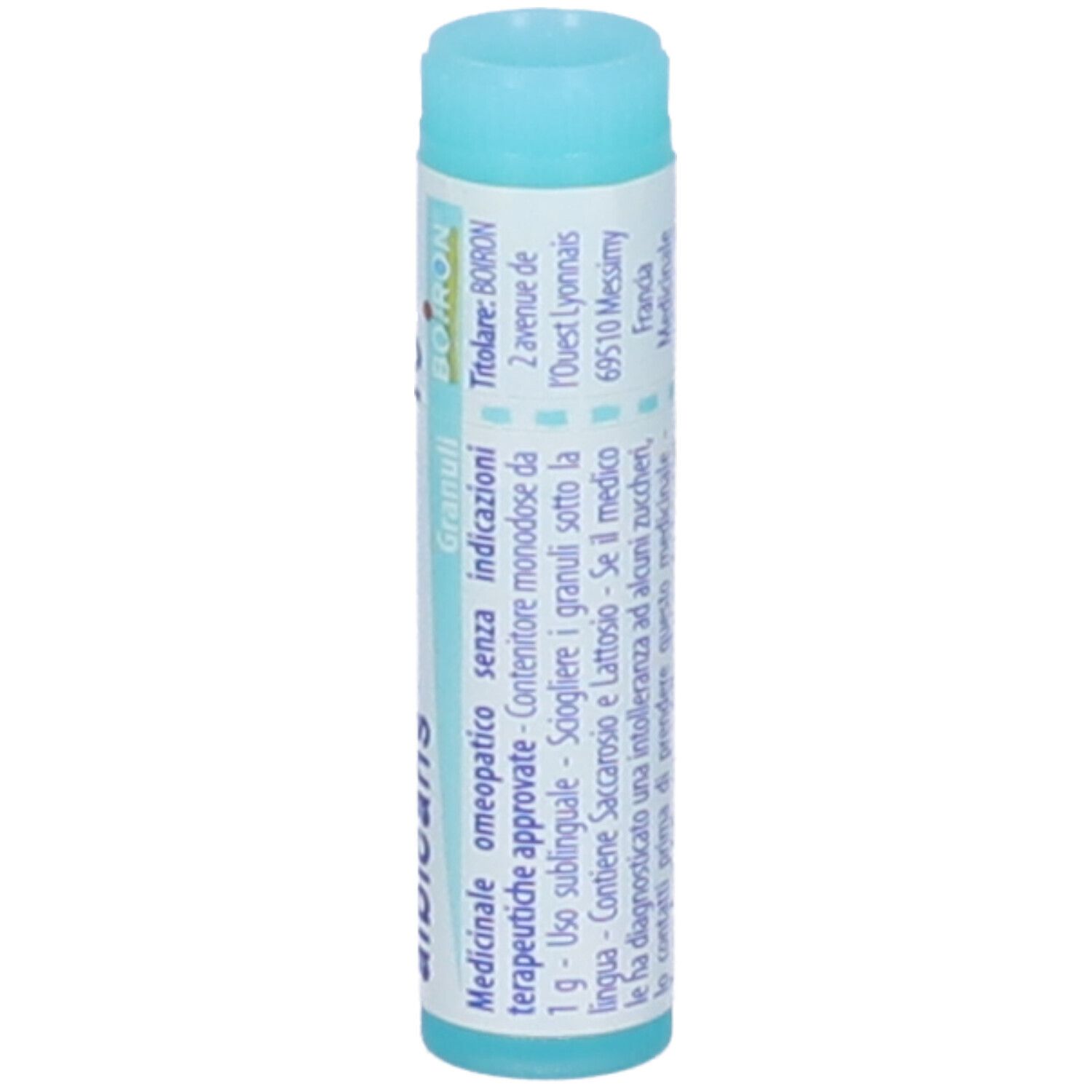 Tubo cilindrico con 'Candida albicans 15 ch' e 'BOIRON'. 'Granuli'.