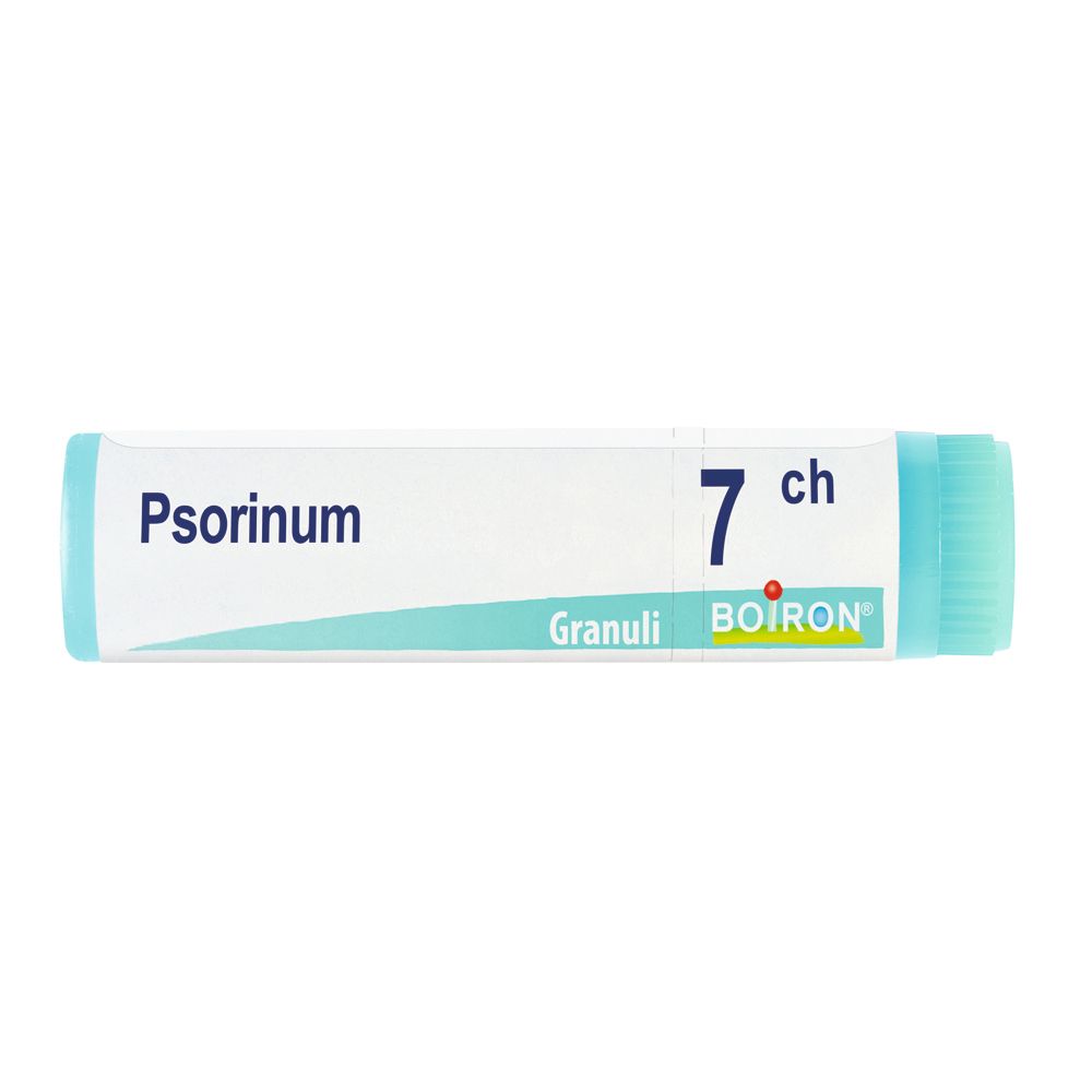 Tubo cilindrico con tappo azzurro. Scritta: Psorinum 7 ch, Granuli, BOIRON.