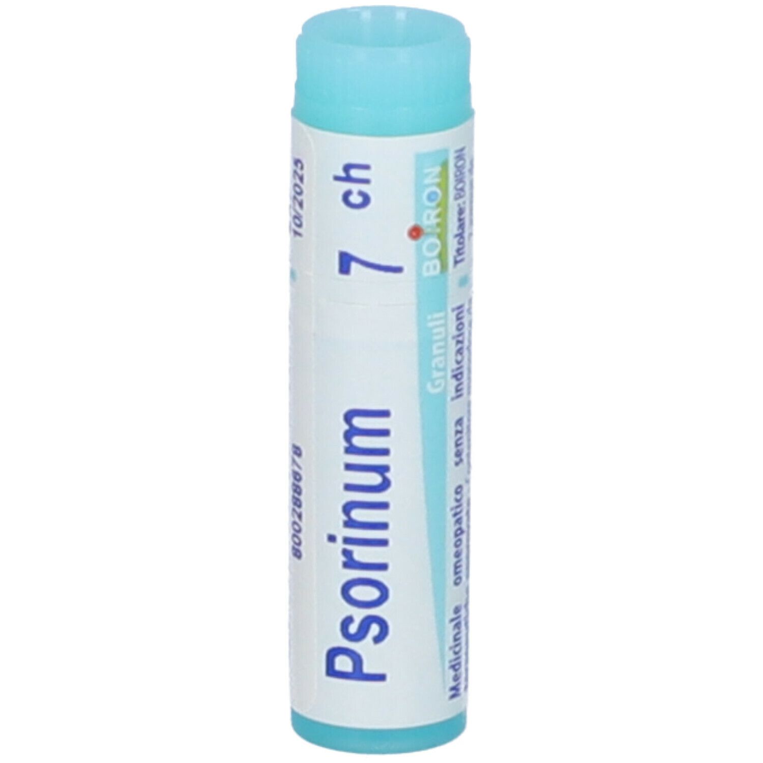 Tubo cilindrico, blu e bianco. Scritta: Psorinum 7 ch, EXP 10/2025, BOIRON.