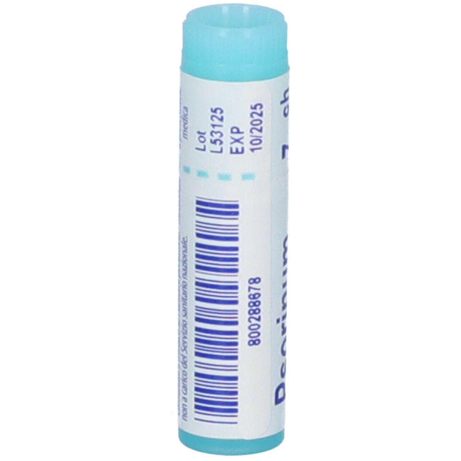 Tubo cilindrico, blu e bianco. Scritta: Psorinum, 7 ch, EXP 10/2025, BOIRON.