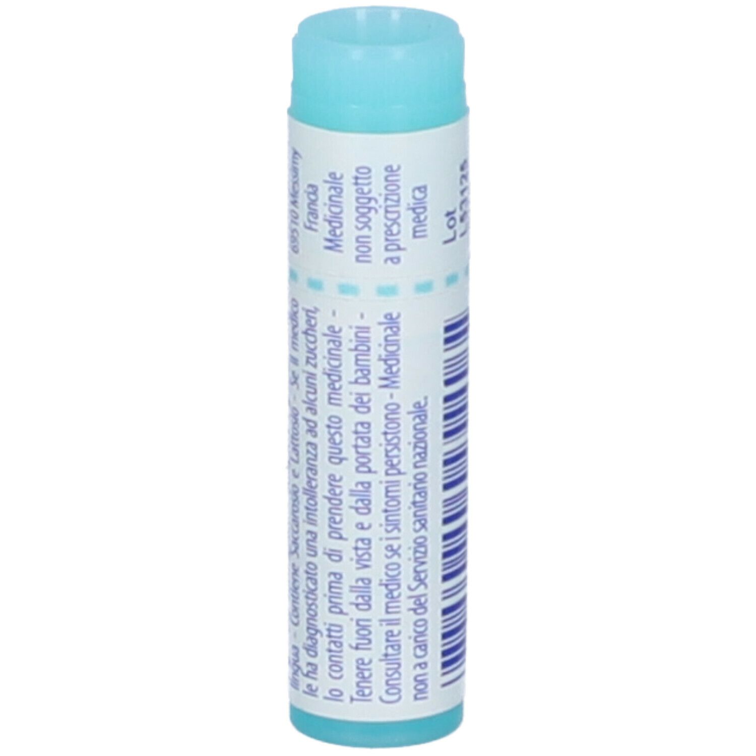 Tubo cilindrico, blu e bianco. Scritta: Psorinum, 7 ch, EXP 10/2025, BOIRON.