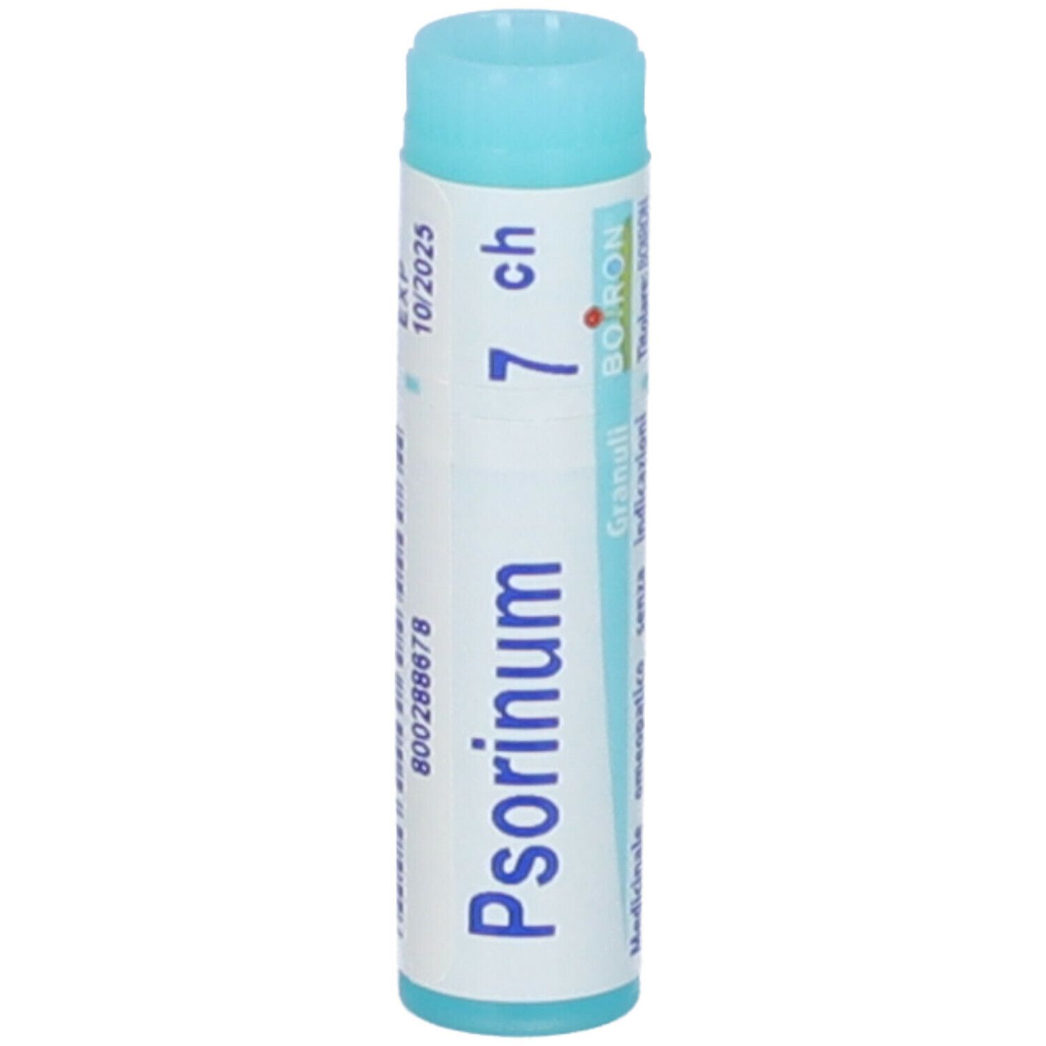 Tubo cilindrico, blu e bianco. Scritta: Psorinum 7 ch, EXP 10/2025, BOIRON.