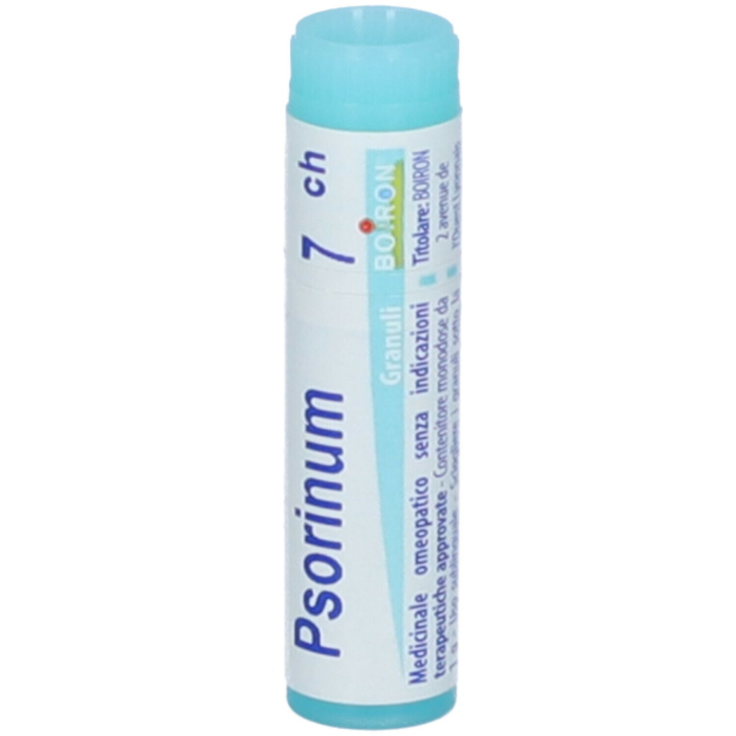 Tubo cilindrico, blu e bianco. Scritta: Psorinum 7 ch, BOIRON, Granuli.