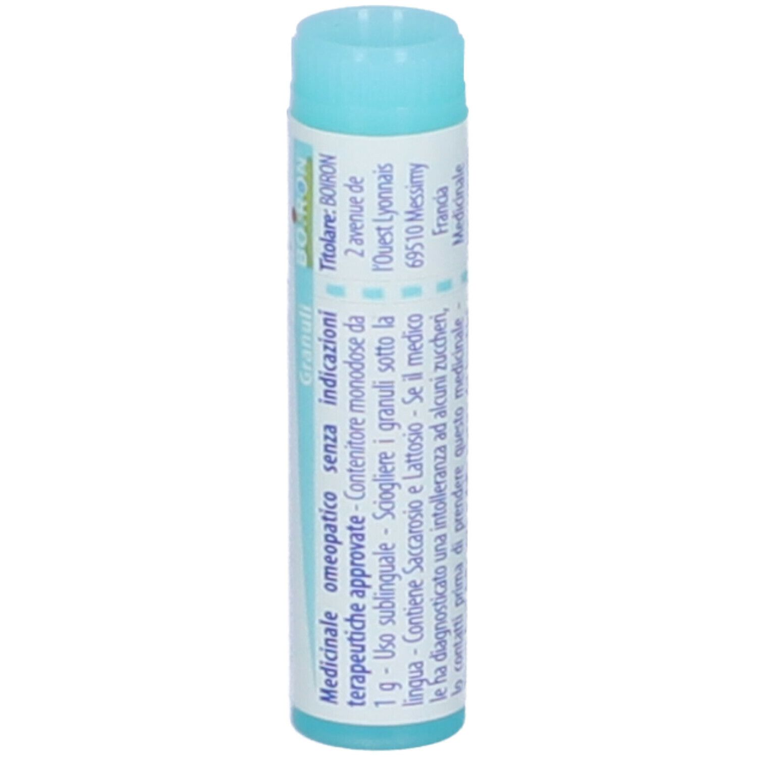 Tubo cilindrico, blu e bianco. Scritta: Psorinum 7 ch, BOIRON, Granuli.