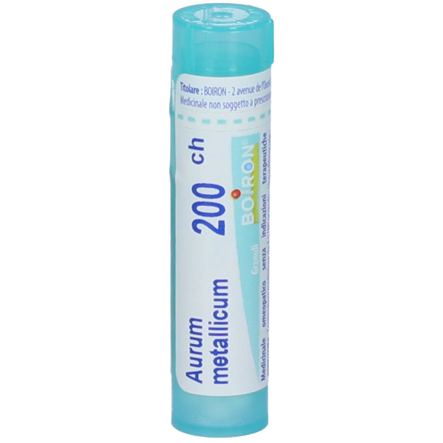 Confezione cilindrica Aurum metallicum 200 ch. Scritta: BOIRON. Tappo blu.