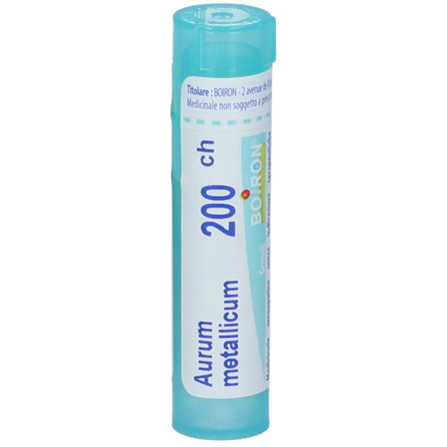 Confezione cilindrica Aurum metallicum 200 ch. Scritta: BOIRON. Tappo blu.