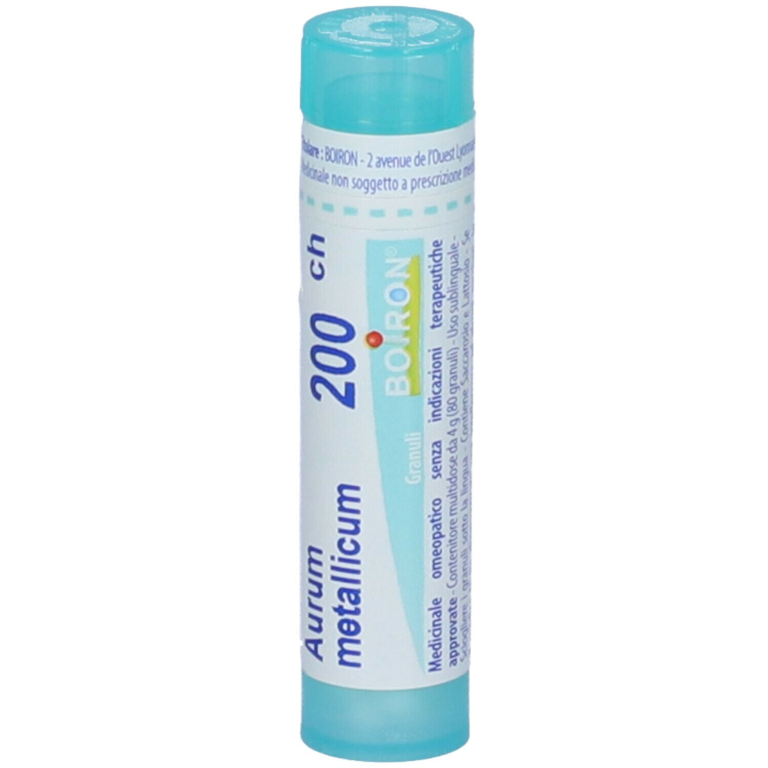 Confezione cilindrica Aurum metallicum 200 ch. Scritta: BOIRON. Tappo blu.