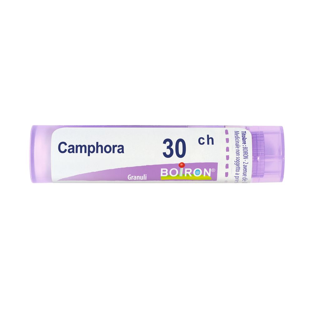 Confezione cilindrica viola con etichetta bianca. Scritta: Camphora 30 ch, Granuli, BOIRON.