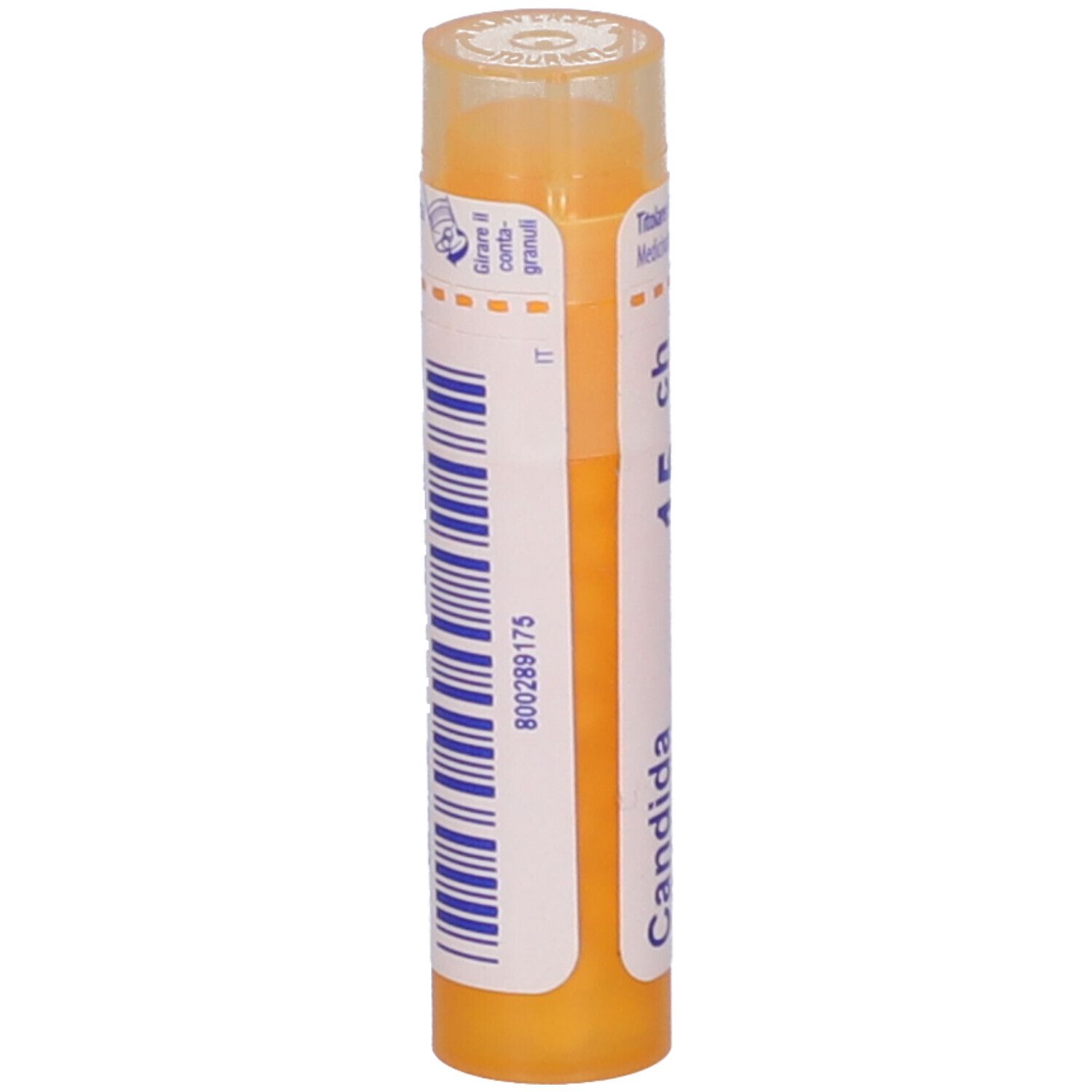 Confezione cilindrica gialla con etichetta bianca. Scritta: Candida, 15 ch, BOIRON, Granuli. Coperchio trasparente.
