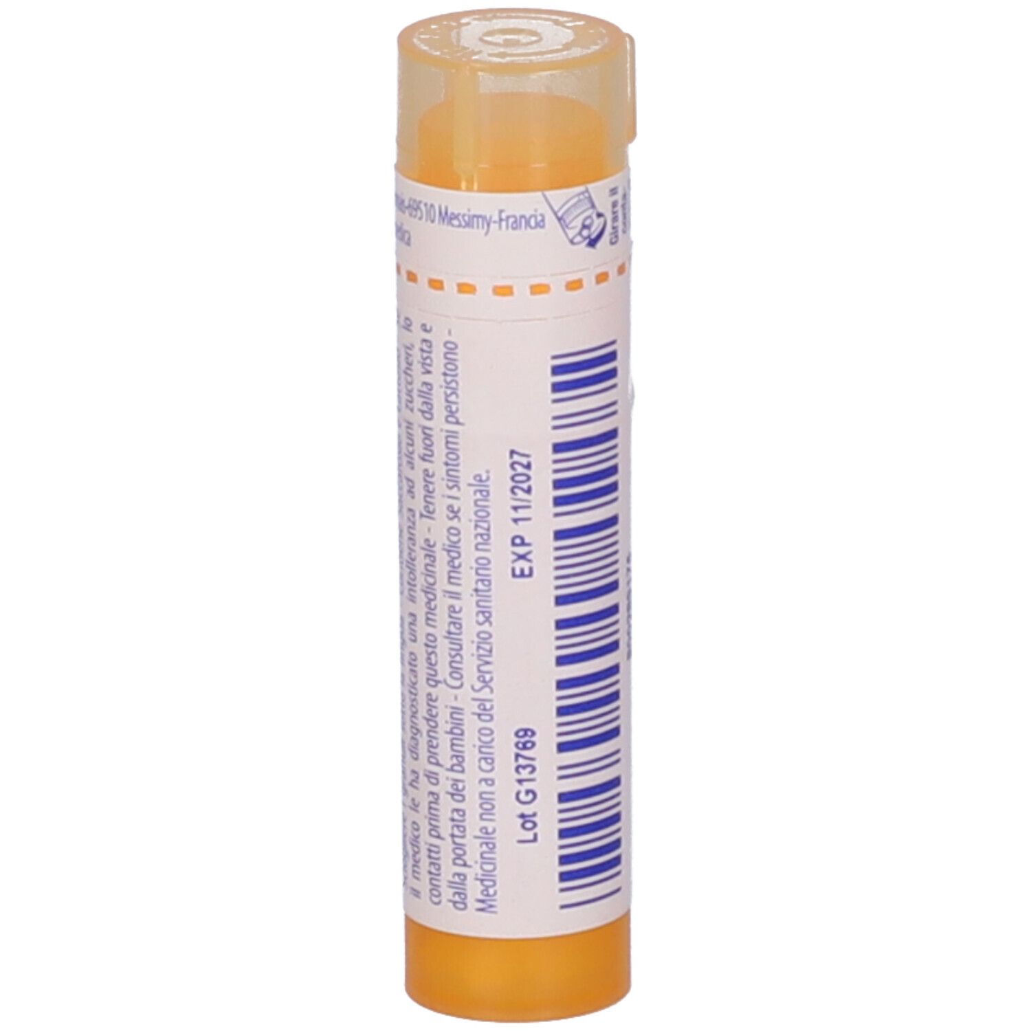 Confezione cilindrica gialla con etichetta bianca. Scritta: Candida, 15 ch, BOIRON, Granuli. Coperchio trasparente. Scadenza.