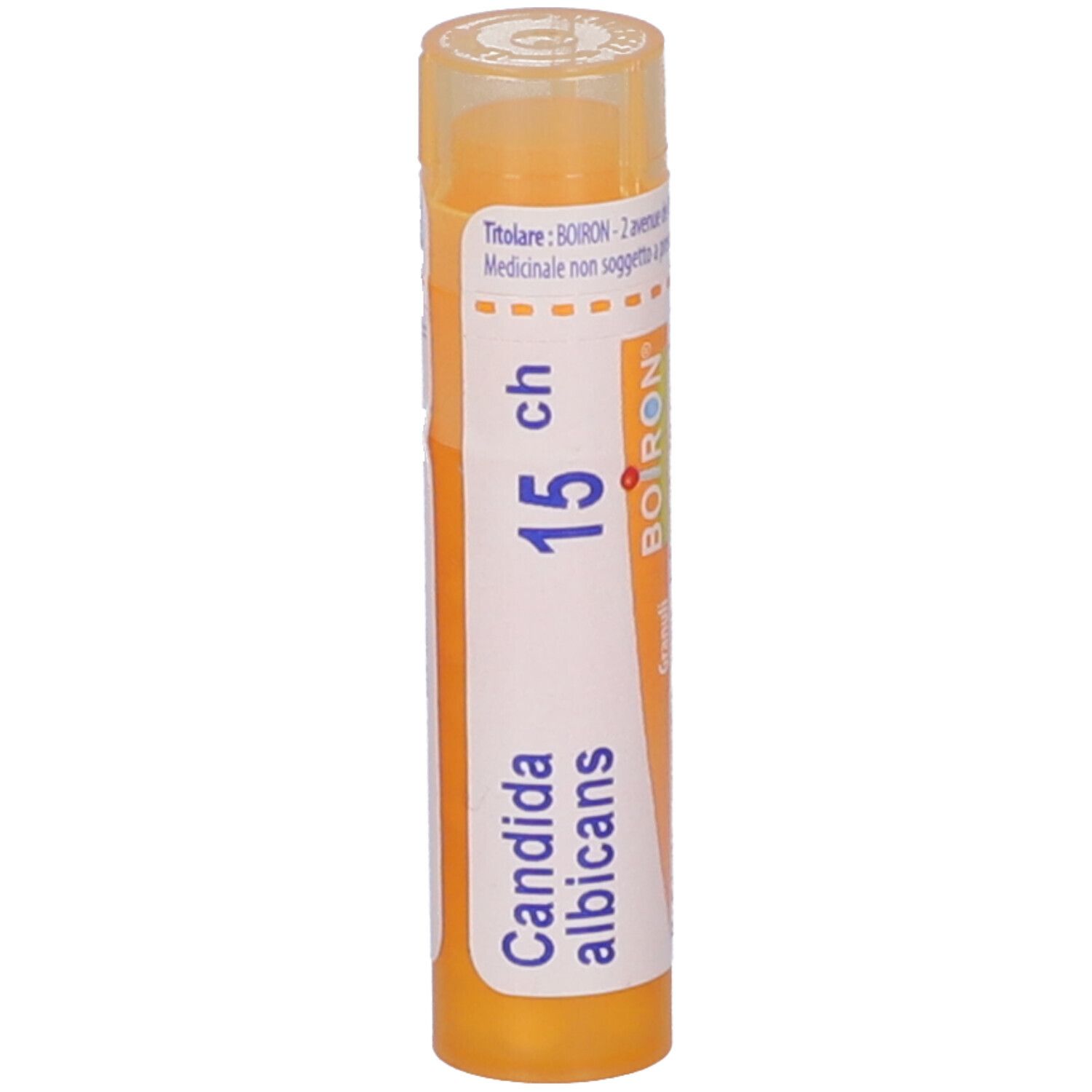 Confezione cilindrica gialla con etichetta bianca. Scritta: Candida albicans 15 ch, BOIRON, Granuli. Coperchio trasparente.