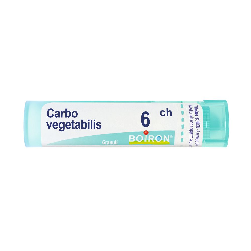 Confezione cilindrica di Boiron Carbonicum O Vegetabilis 6Ch Granuli. Scritta: Carbo vegetabilis, 6 ch, Boiron.